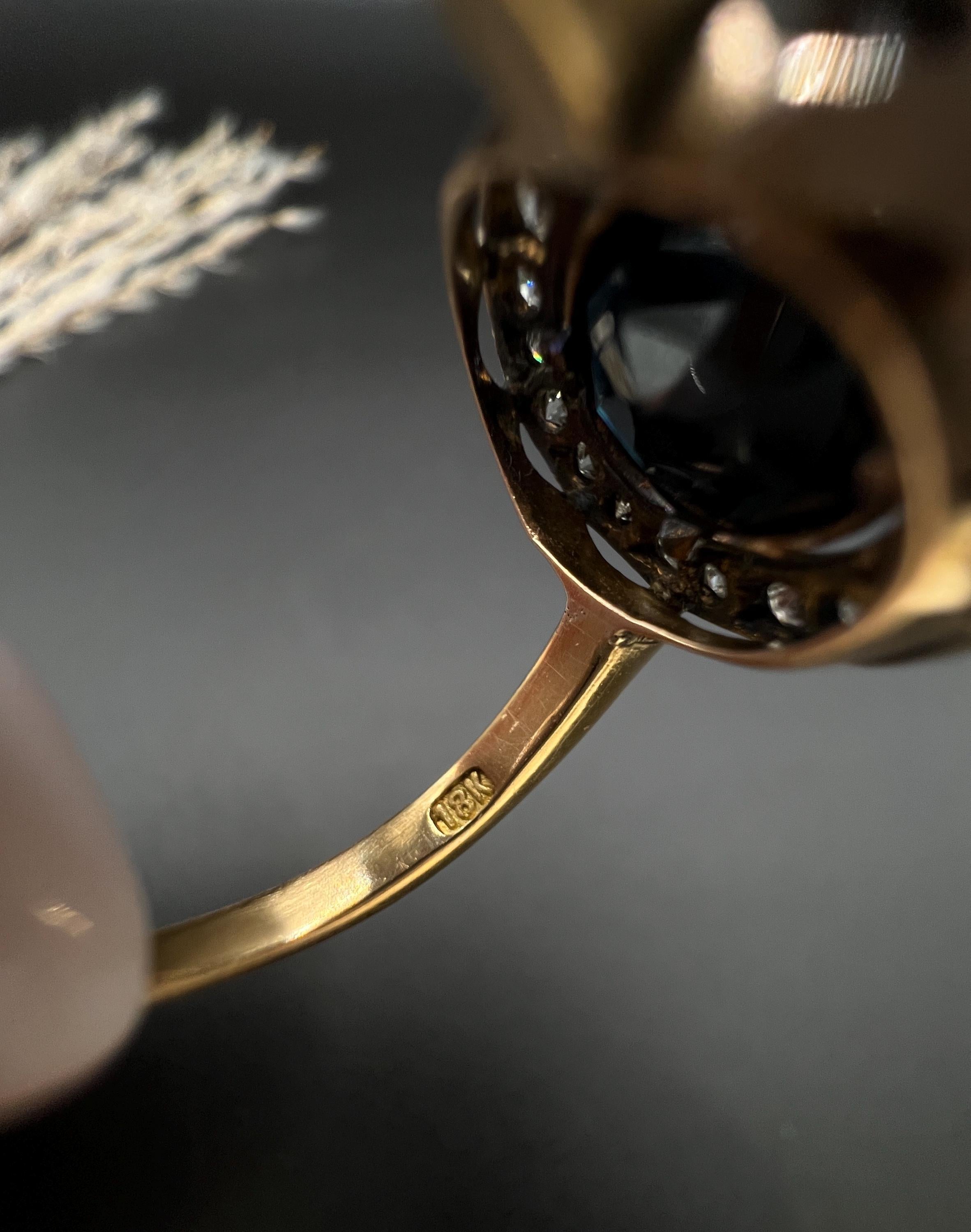 Antique 18ct Gold Stamped, 1920s Sapphire & Diamond Oval Halo Cluster Ring For Sale 5