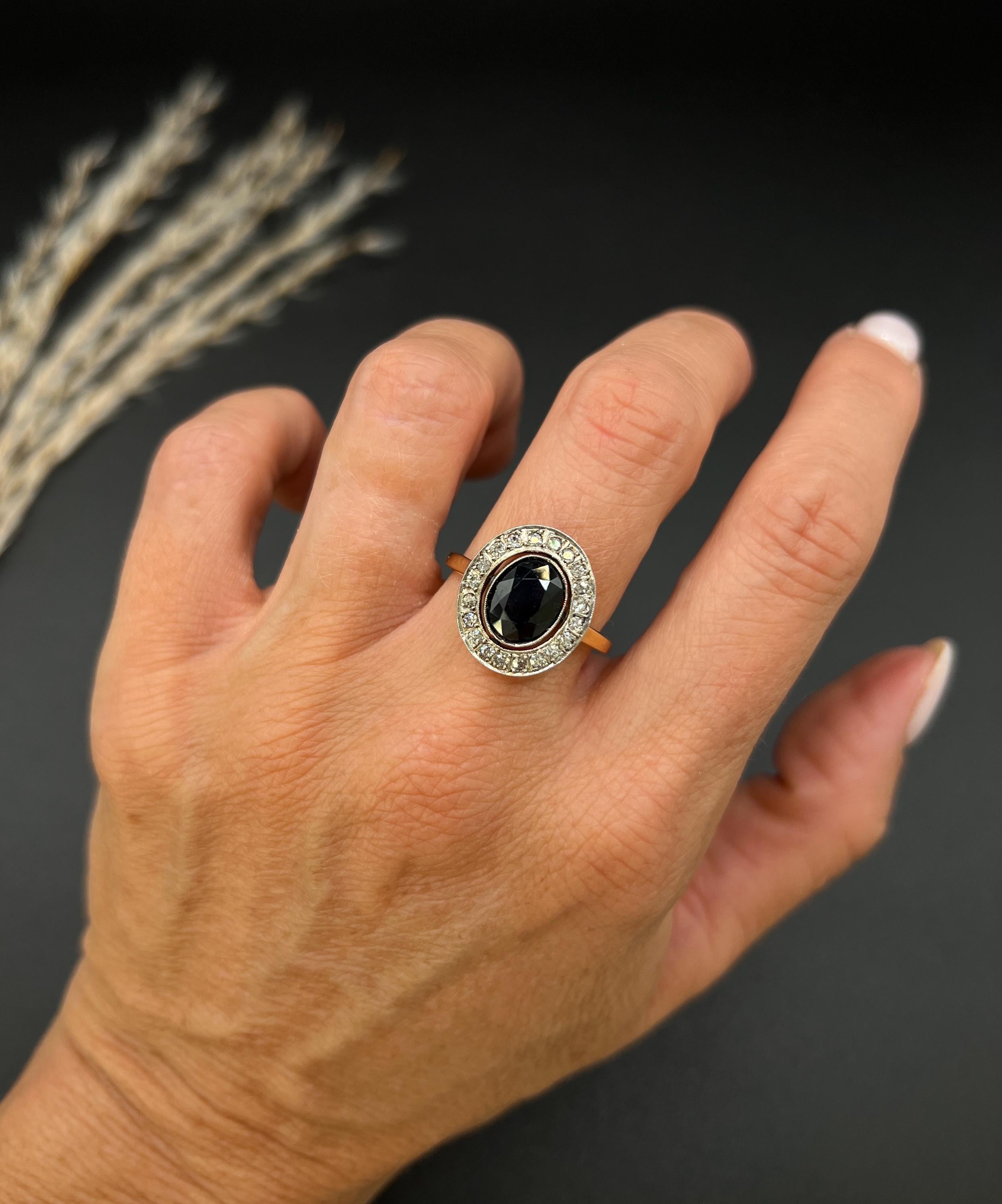 Oval Cut Antique 18ct Gold Stamped, 1920s Sapphire & Diamond Oval Halo Cluster Ring For Sale