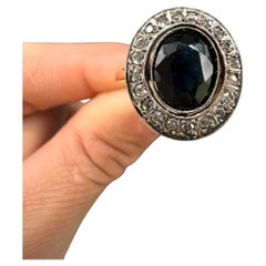 Antique 18ct Gold Stamped, 1920s Sapphire & Diamond Oval Halo Cluster Ring