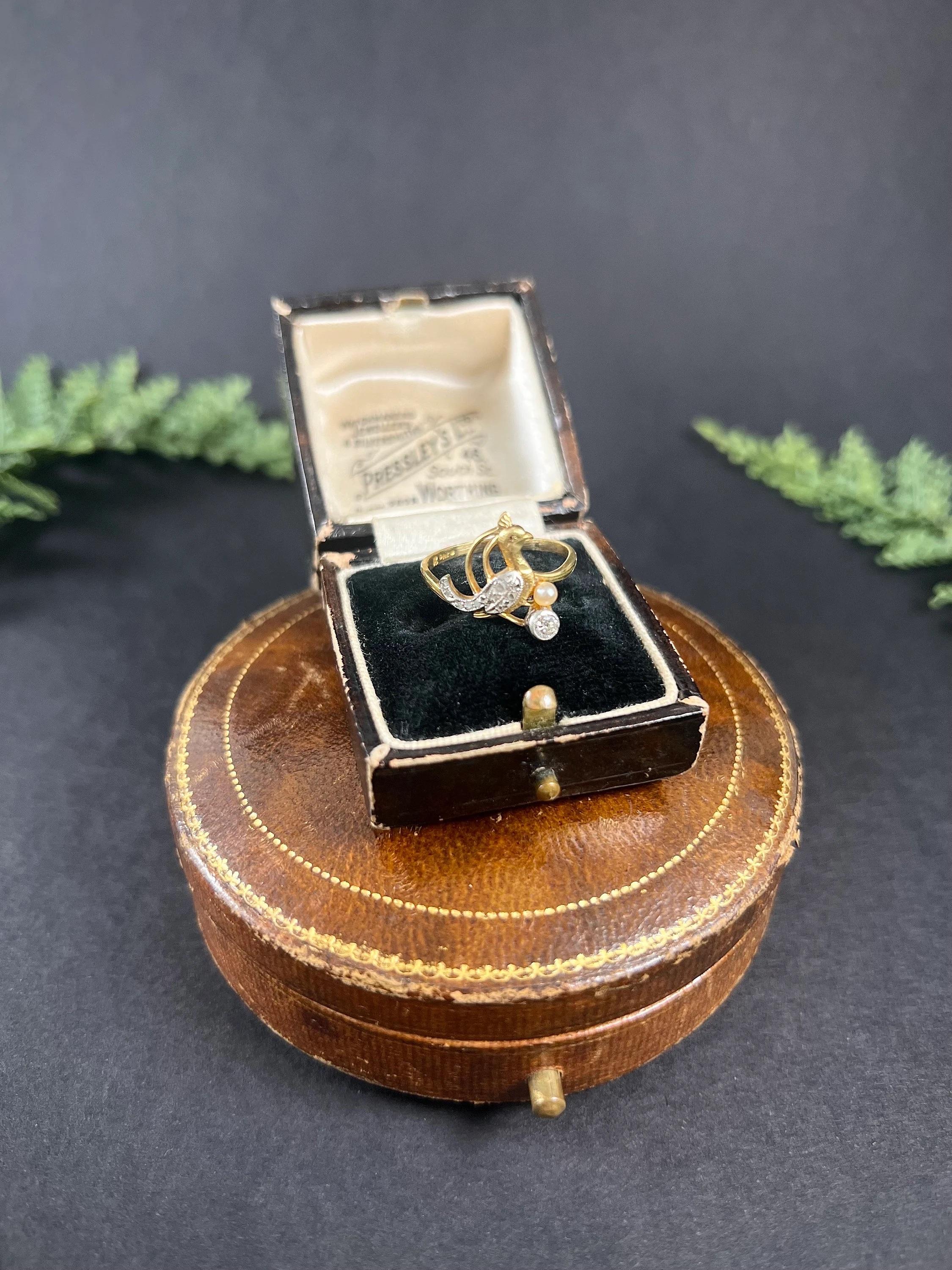 Antique 18ct Gold Stamped Art Nouveau Diamond & Natural Pearl Peacock Bird Ring For Sale 5