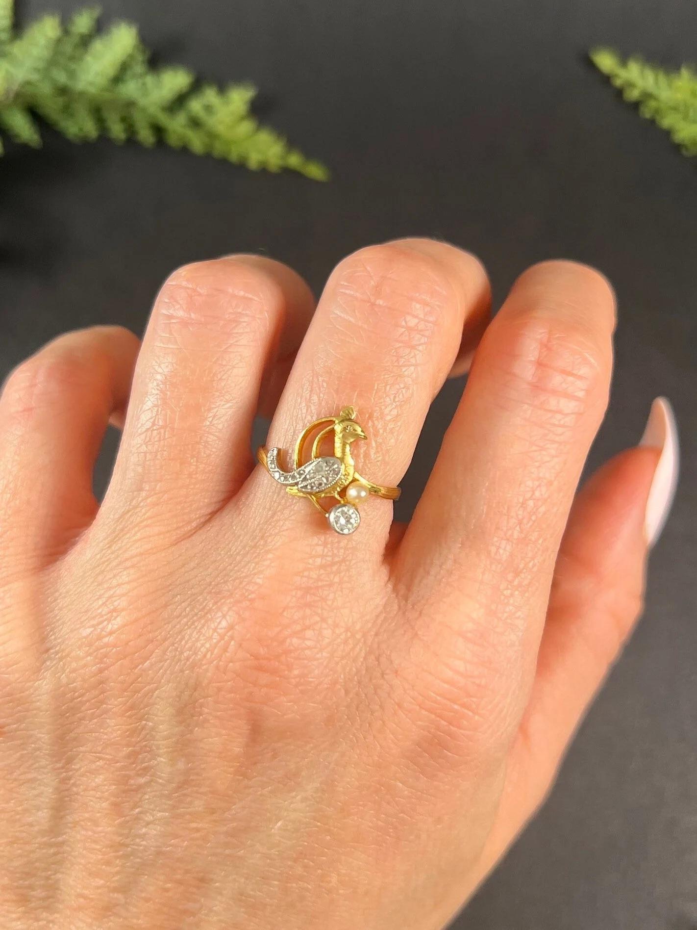 Old European Cut Antique 18ct Gold Stamped Art Nouveau Diamond & Natural Pearl Peacock Bird Ring For Sale