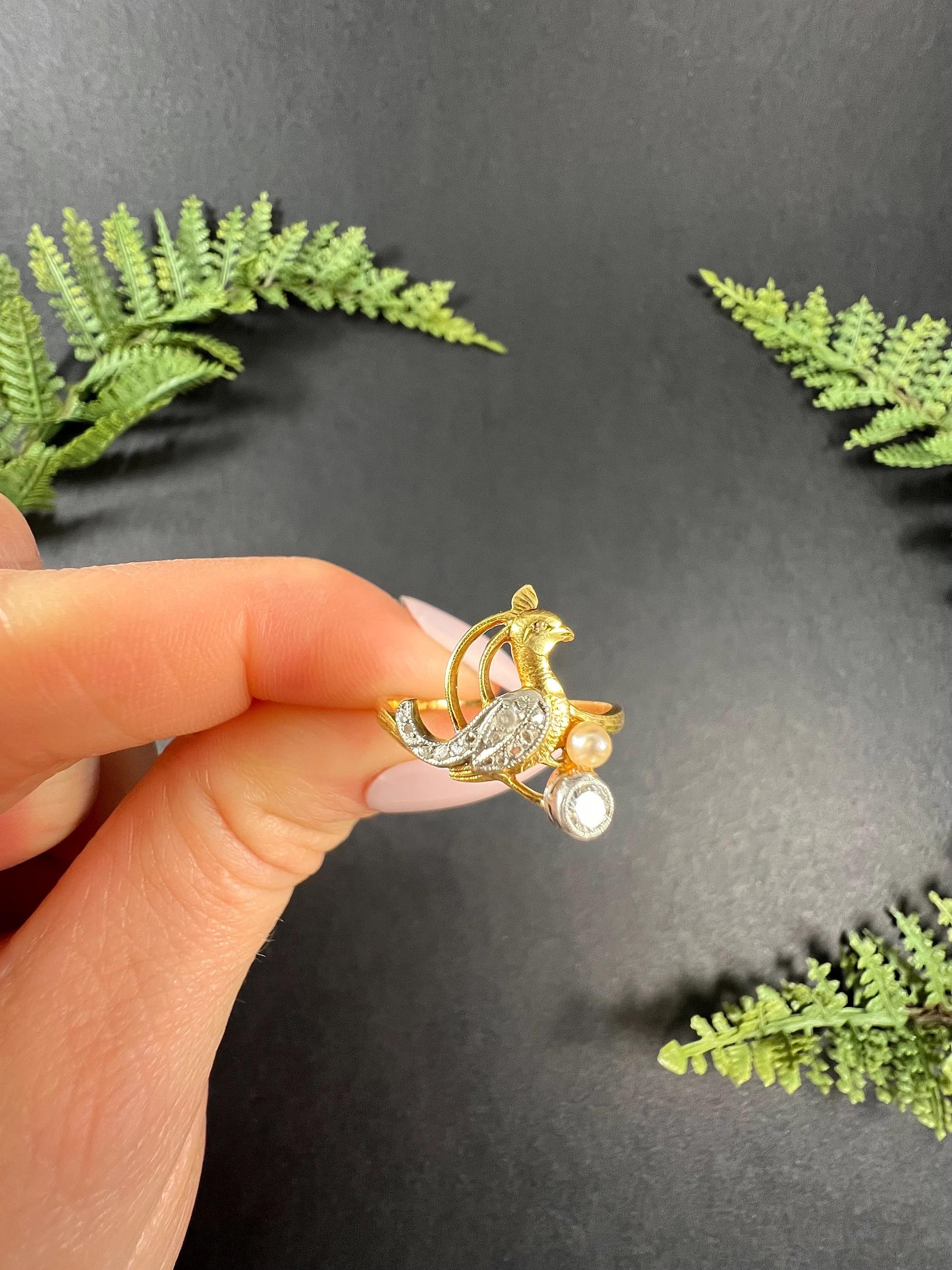 Women's or Men's Antique 18ct Gold Stamped Art Nouveau Diamond & Natural Pearl Peacock Bird Ring For Sale