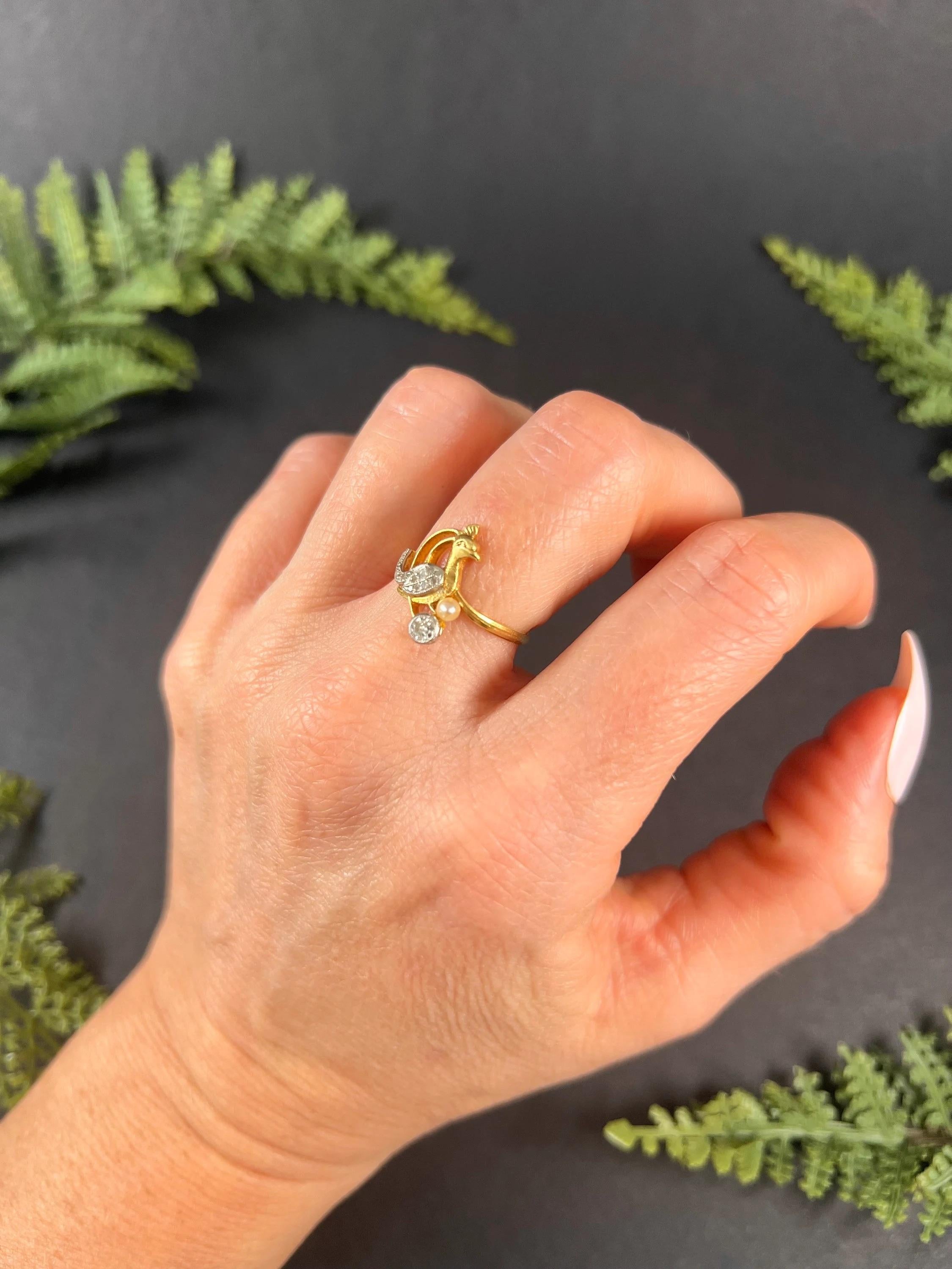Antique 18ct Gold Stamped Art Nouveau Diamond & Natural Pearl Peacock Bird Ring For Sale 1
