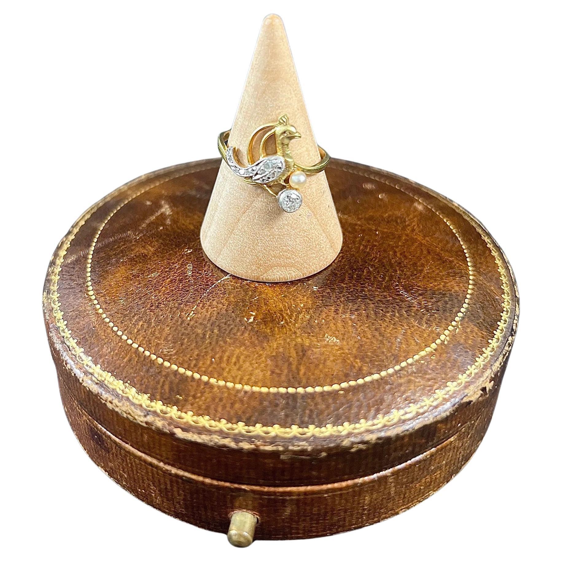 Antique 18ct Gold Stamped Art Nouveau Diamond & Natural Pearl Peacock Bird Ring