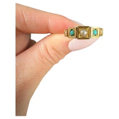 Antique 18ct Gold Stamped, Edwardian Pearl & Turquoise Square Band Ring