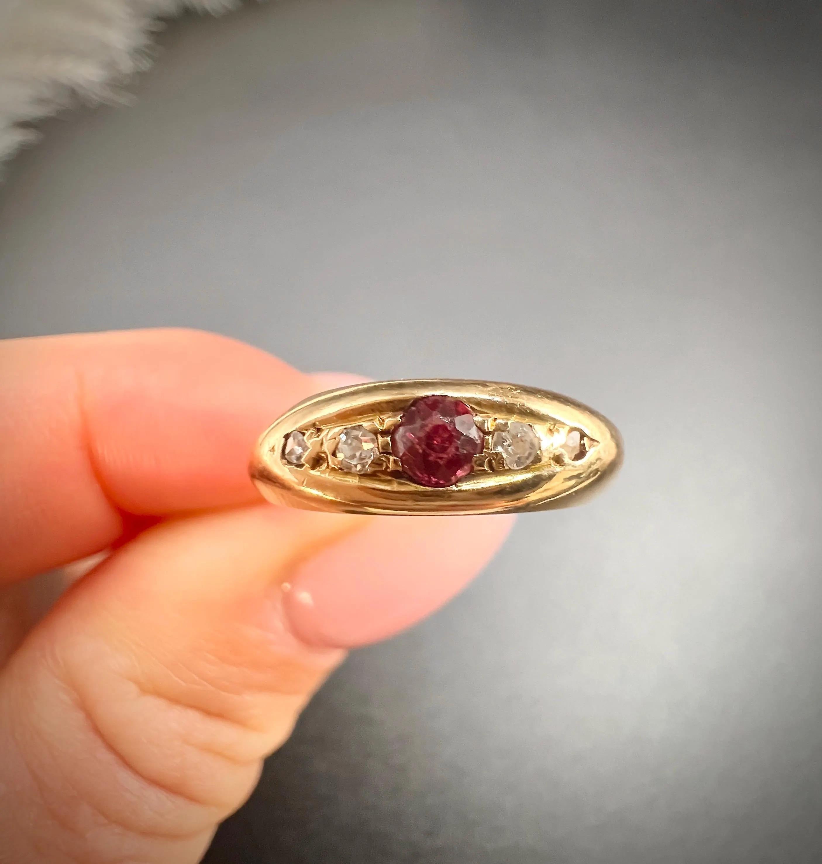 Ruby & Diamond Ring

18ct Yellow Gold 

Circa 1910

This exquisite Edwardian-era ring showcases a stunning boat-shaped design, crafted from 18ct gold and adorned with vibrant rubies and sparkling diamonds. The ring's unique setting allows the