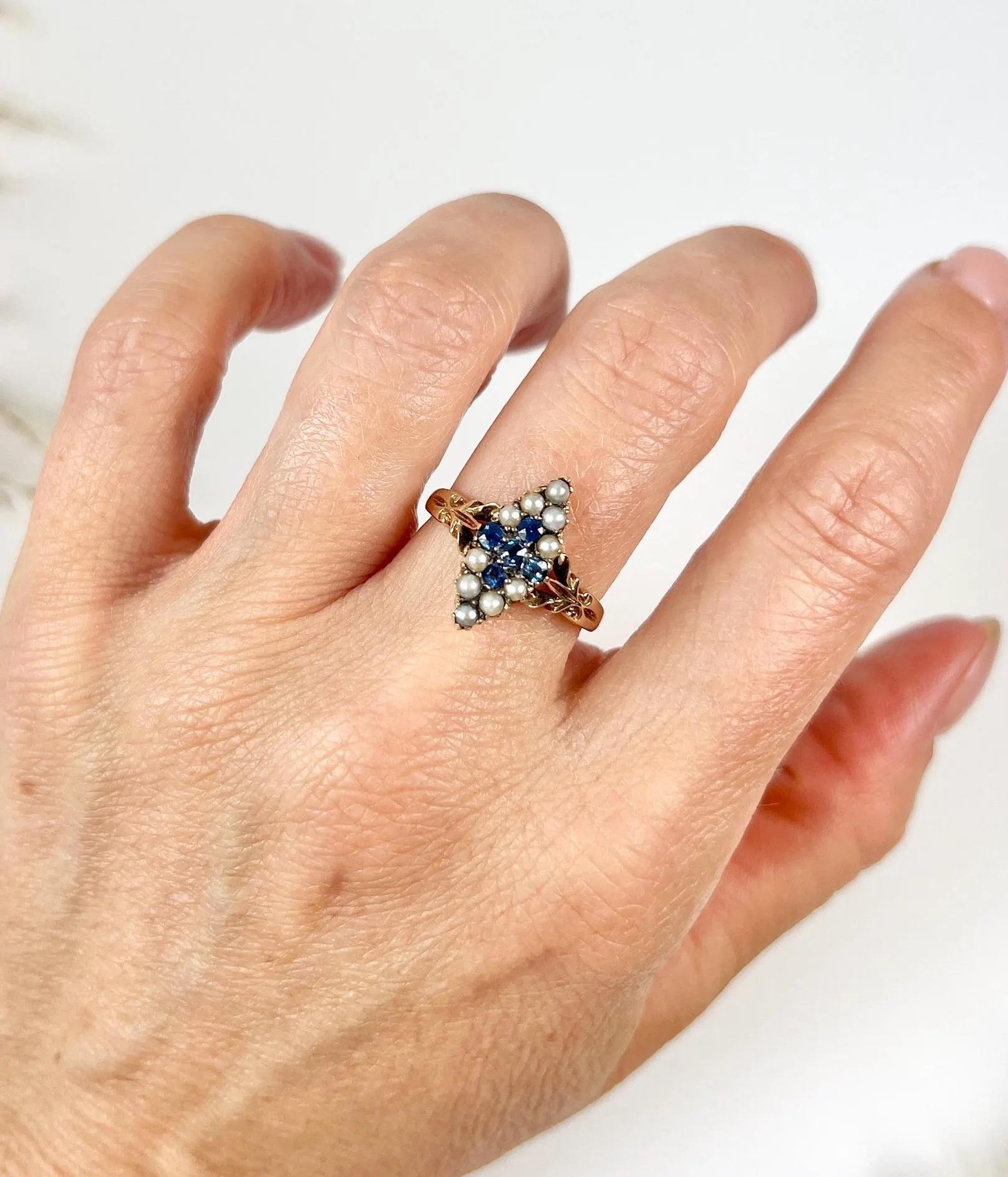 Antique 18ct Gold Stamped Edwardian Sapphire & Pearl Marquise/Navette Cross Ring For Sale 6