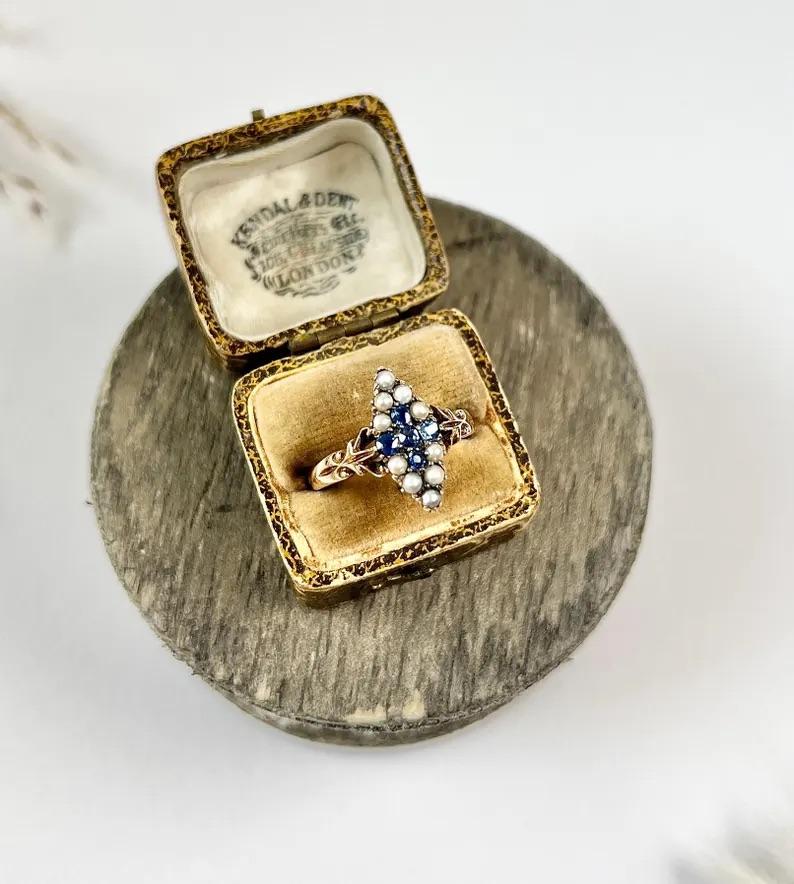 Antique 18ct Gold Stamped Edwardian Sapphire & Pearl Marquise/Navette Cross Ring For Sale 7