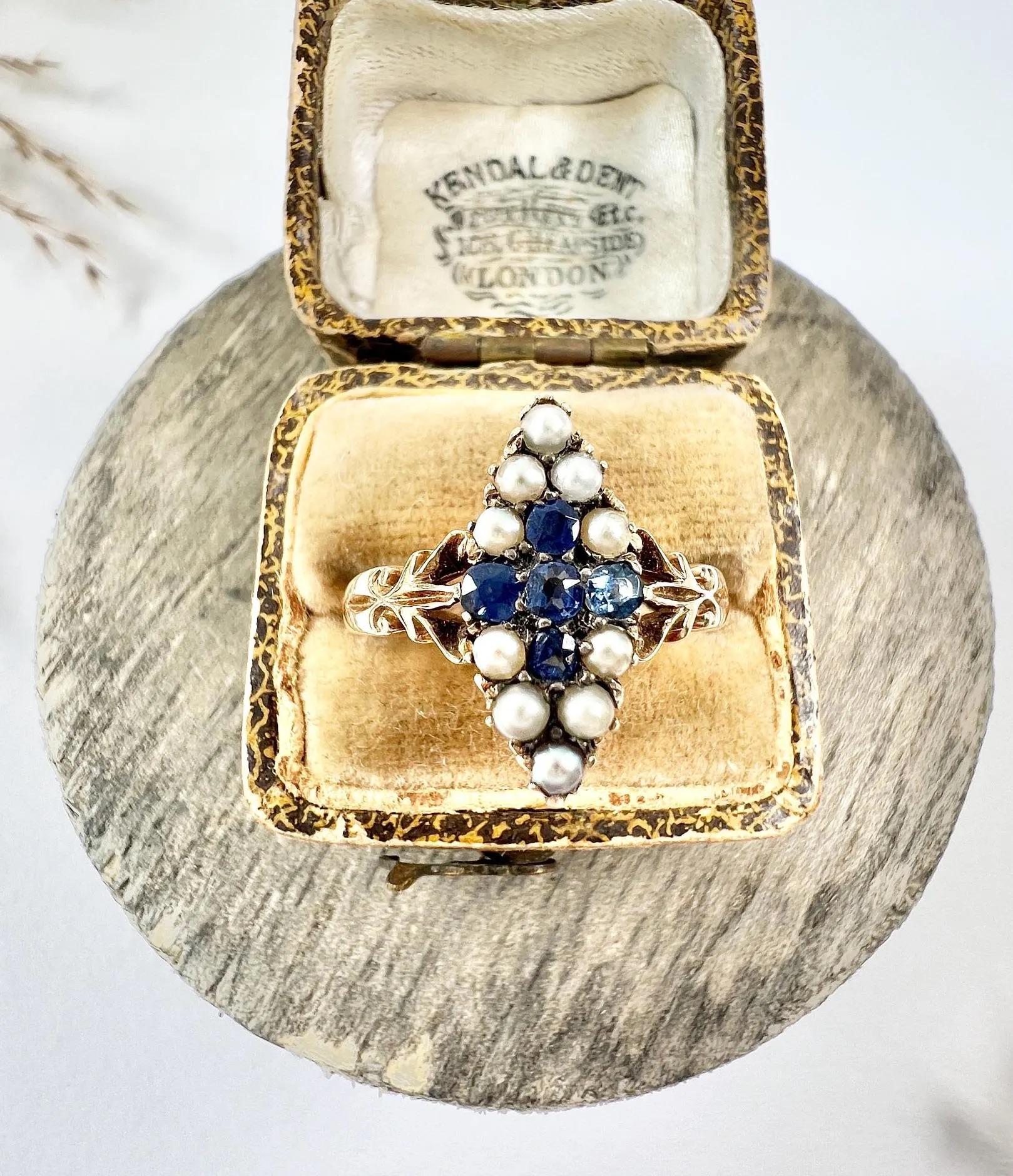 Round Cut Antique 18ct Gold Stamped Edwardian Sapphire & Pearl Marquise/Navette Cross Ring For Sale