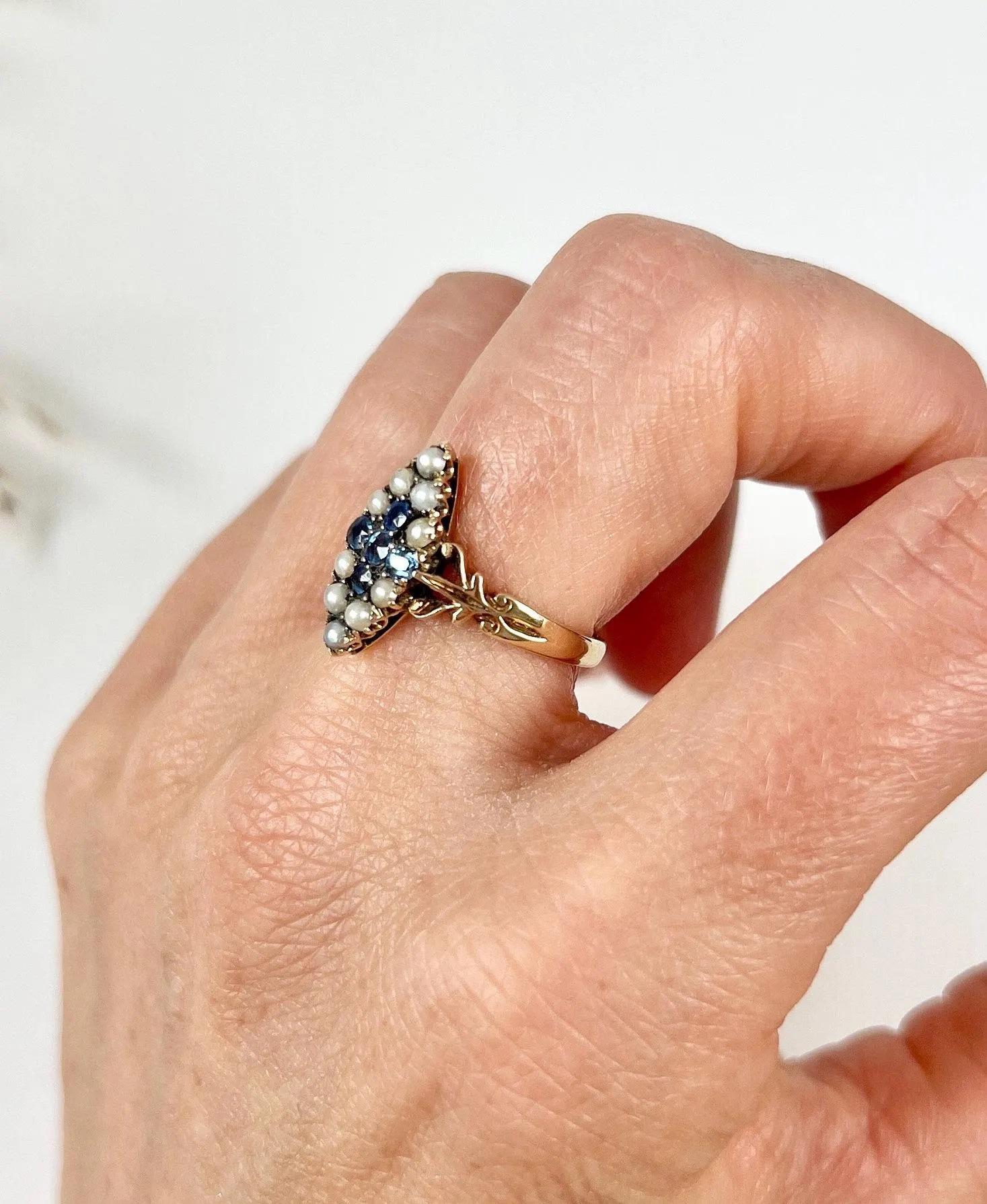 Antique 18ct Gold Stamped Edwardian Sapphire & Pearl Marquise/Navette Cross Ring For Sale 3