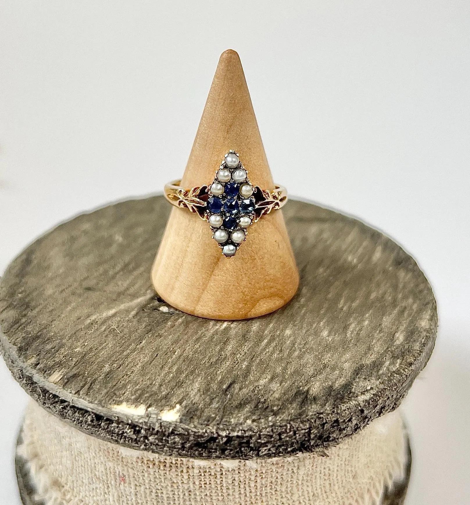 Antique 18ct Gold Stamped Edwardian Sapphire & Pearl Marquise/Navette Cross Ring For Sale 4