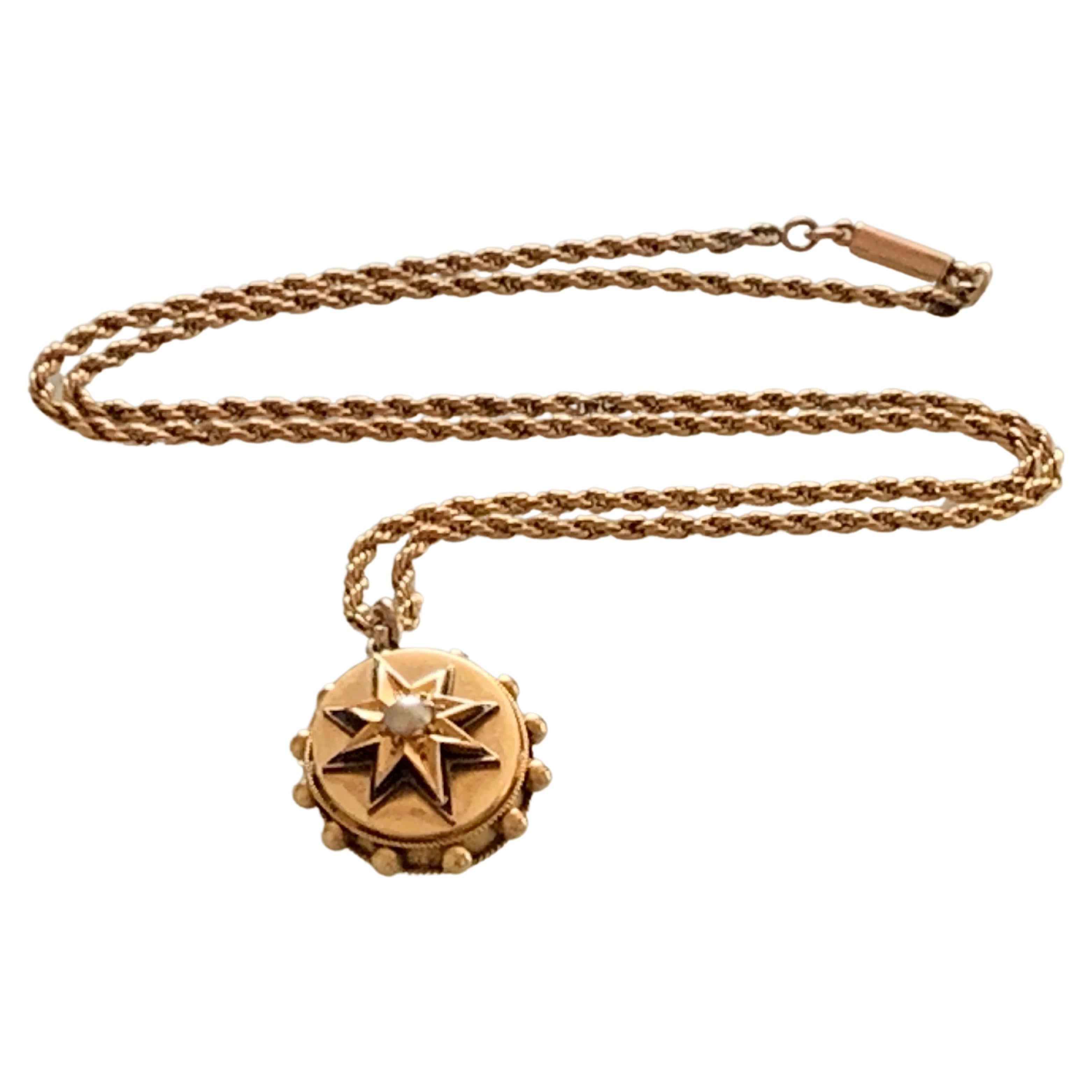 Antique 18 Carat Gold Starburst Pendant & 9 Carat Gold Chain For Sale