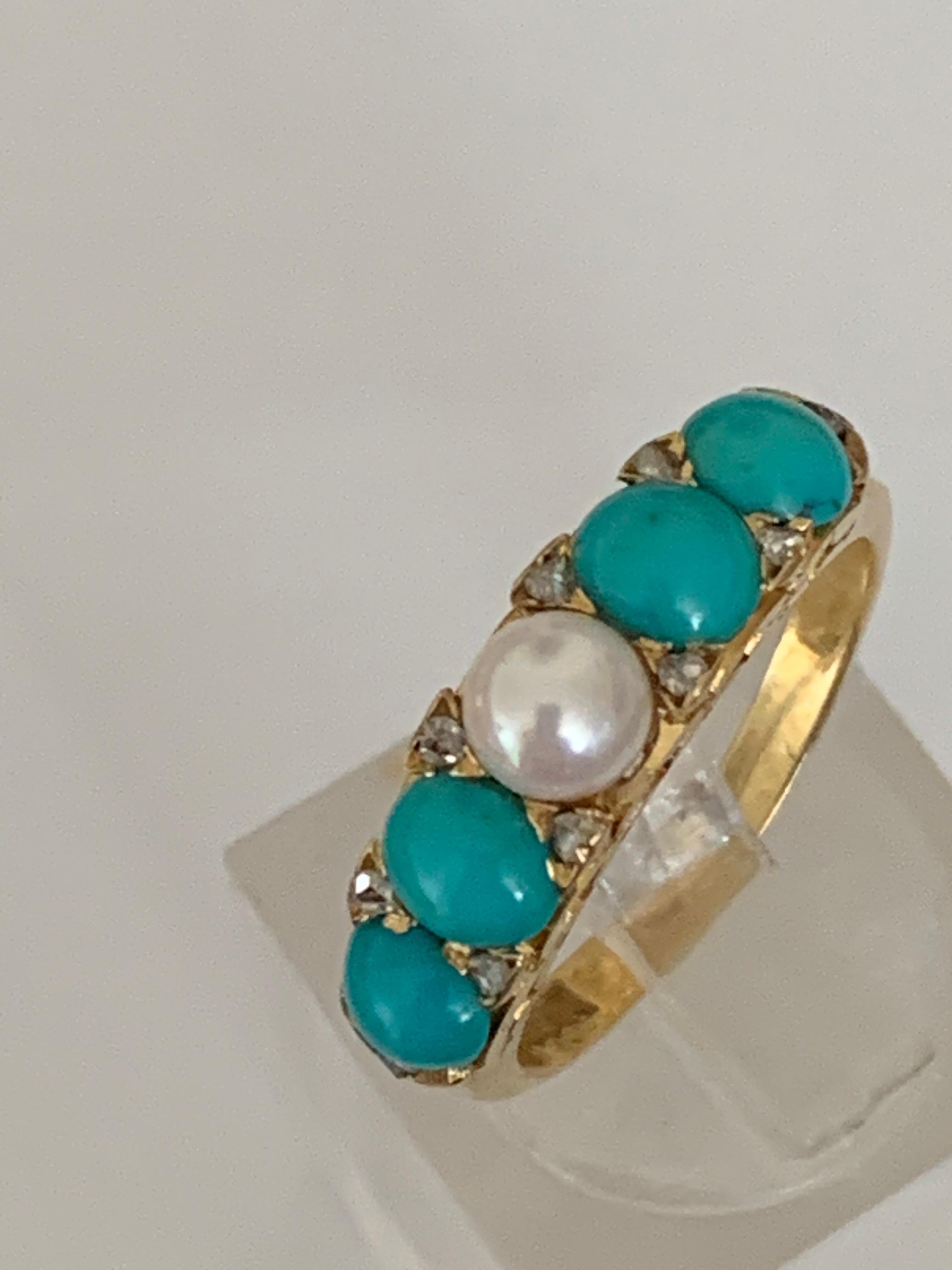 Taglio vecchia miniera Anello antico in oro 18ct con turchese, perle coltivate e diamanti in vendita