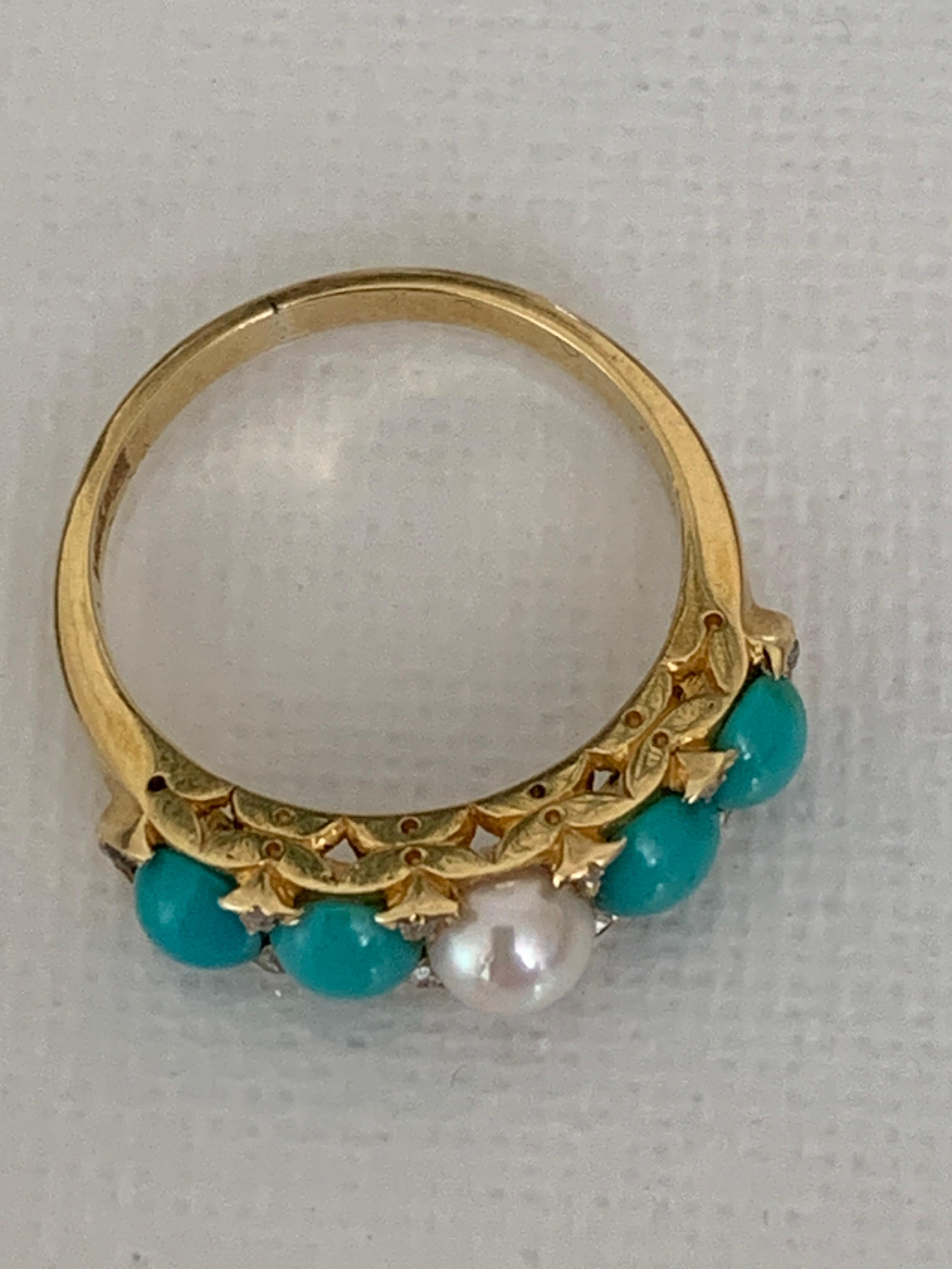 Anello antico in oro 18ct con turchese, perle coltivate e diamanti In condizioni buone in vendita a London, GB