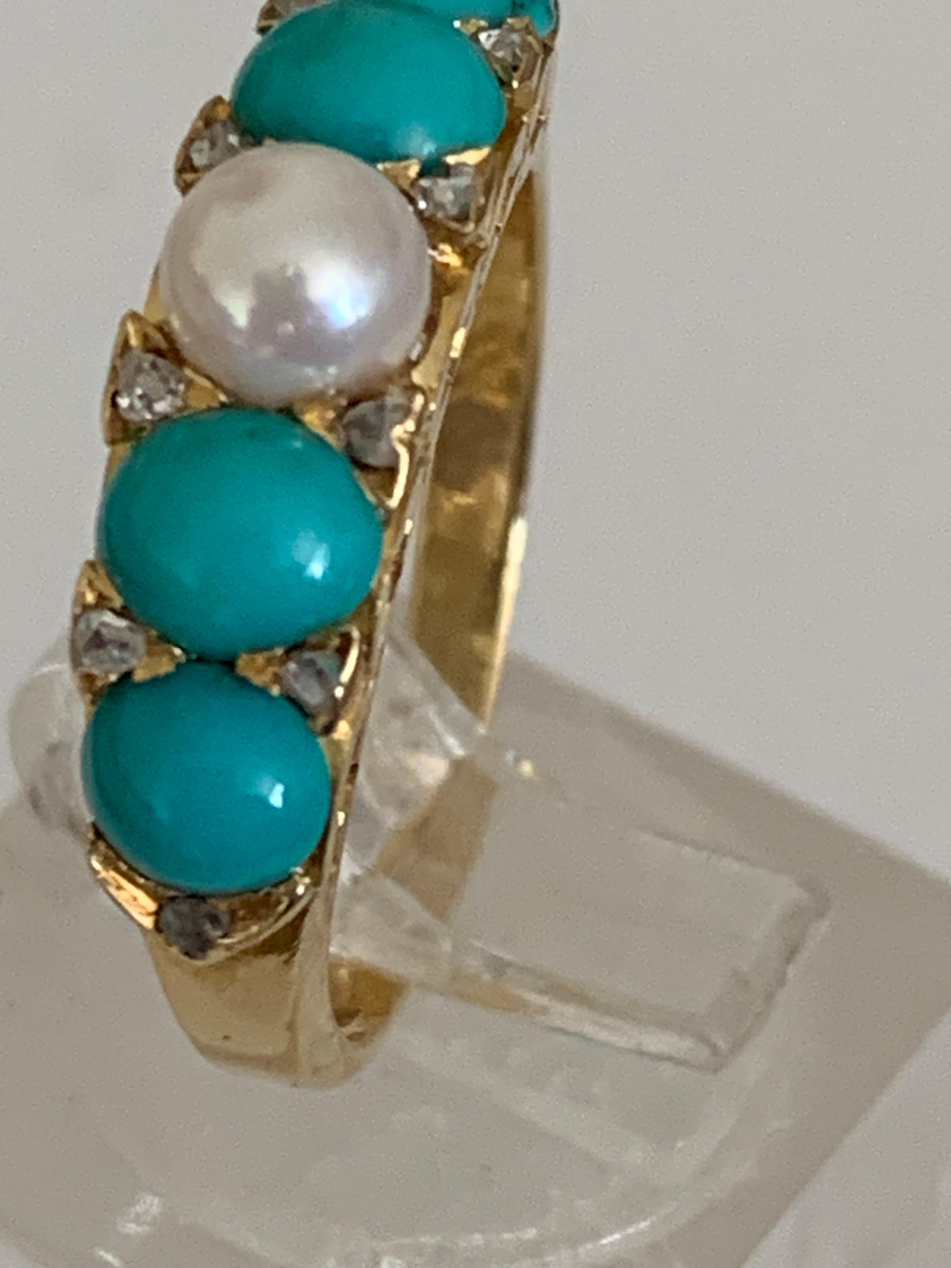 da uomo o donna Anello antico in oro 18ct con turchese, perle coltivate e diamanti in vendita