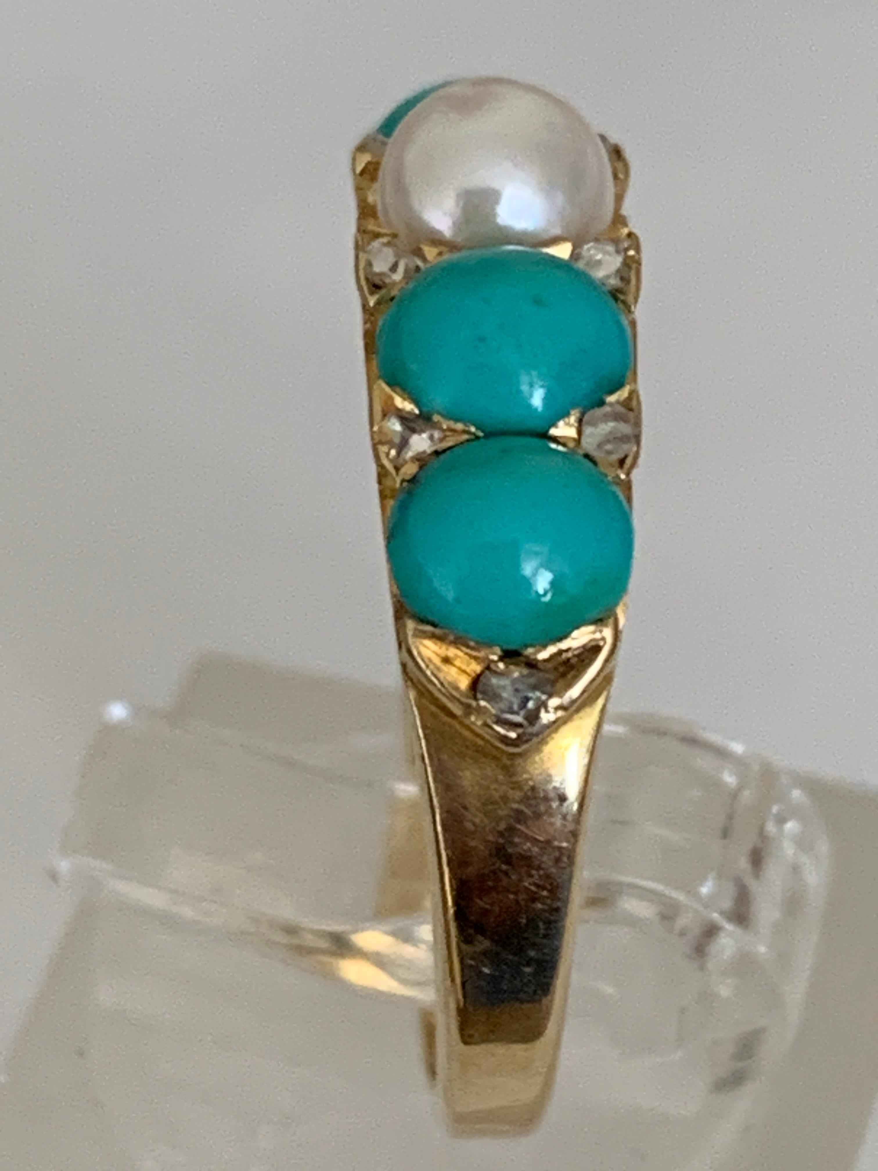 Anello antico in oro 18ct con turchese, perle coltivate e diamanti in vendita 1
