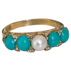Antique 18ct Gold Turquoise, Cultured Pearl & Diamond Ring
