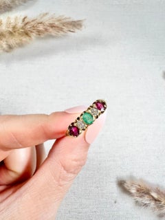 Antique 18ct Gold, Victorian 5 Stone Emerald, Ruby & Diamond Ring