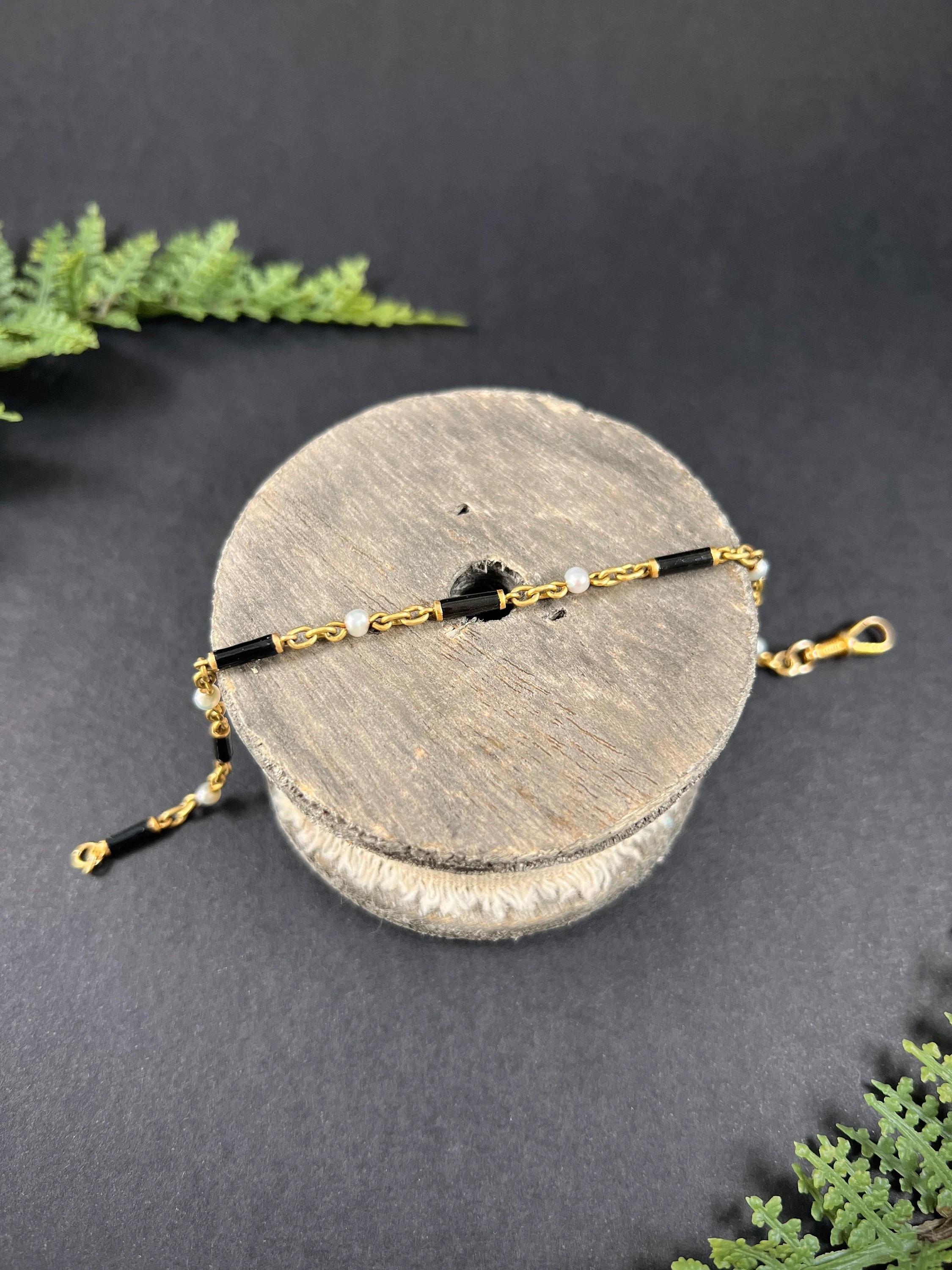 Antique 18ct Gold, Victorian Black Enamel & Pearl Bracelet with Swivel Clasp For Sale 1