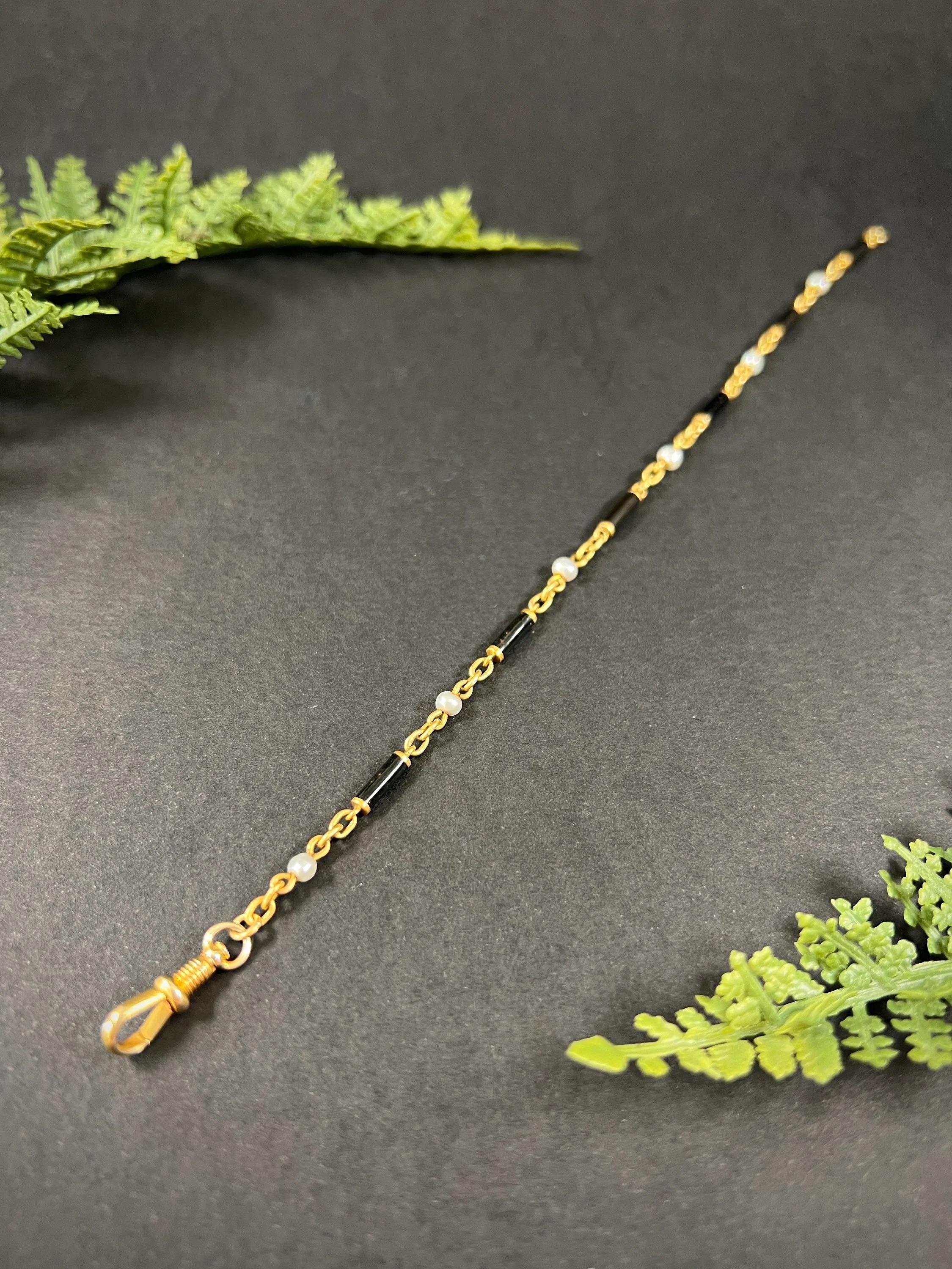 Antique 18ct Gold, Victorian Black Enamel & Pearl Bracelet with Swivel Clasp For Sale 2