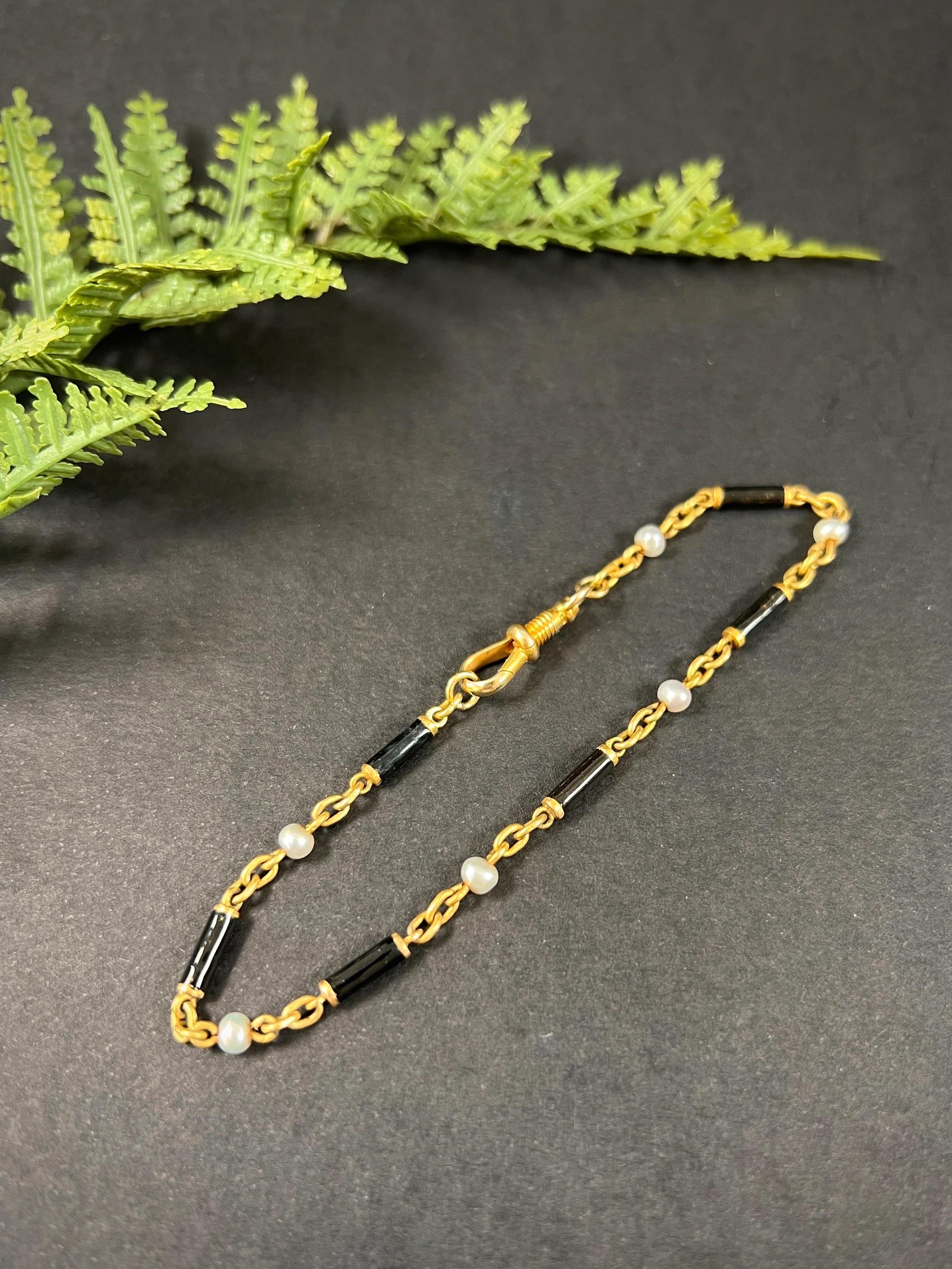 Antique 18ct Gold, Victorian Black Enamel & Pearl Bracelet with Swivel Clasp For Sale 3