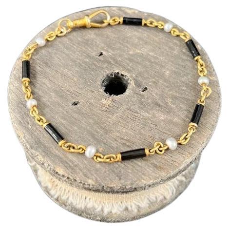 Antique 18ct Gold, Victorian Black Enamel & Pearl Bracelet with Swivel Clasp