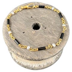 Antique 18ct Gold, Victorian Black Enamel & Pearl Bracelet with Swivel Clasp