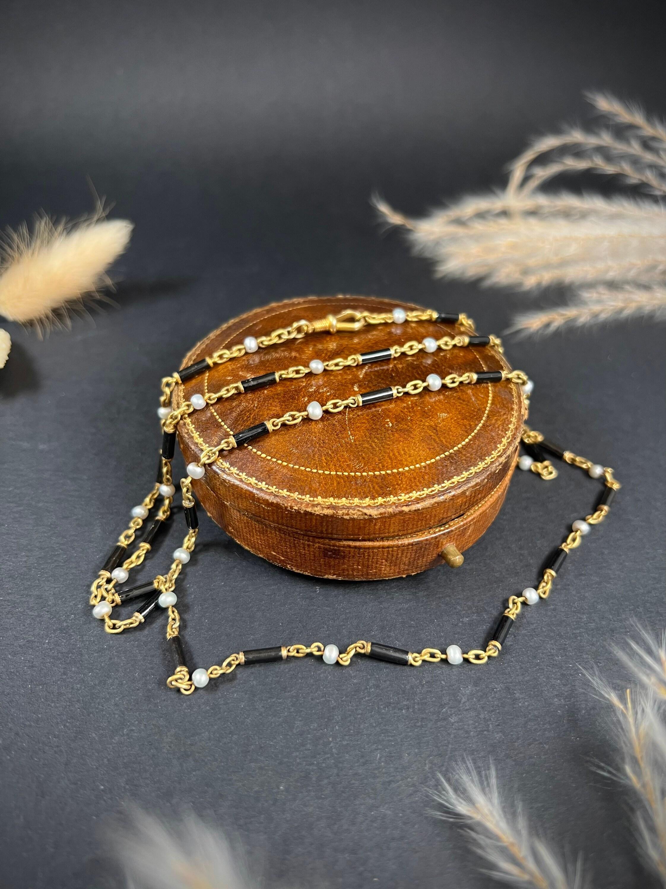 Antique 18ct Gold Victorian Black Enamel & Pearl Long Necklace For Sale 1