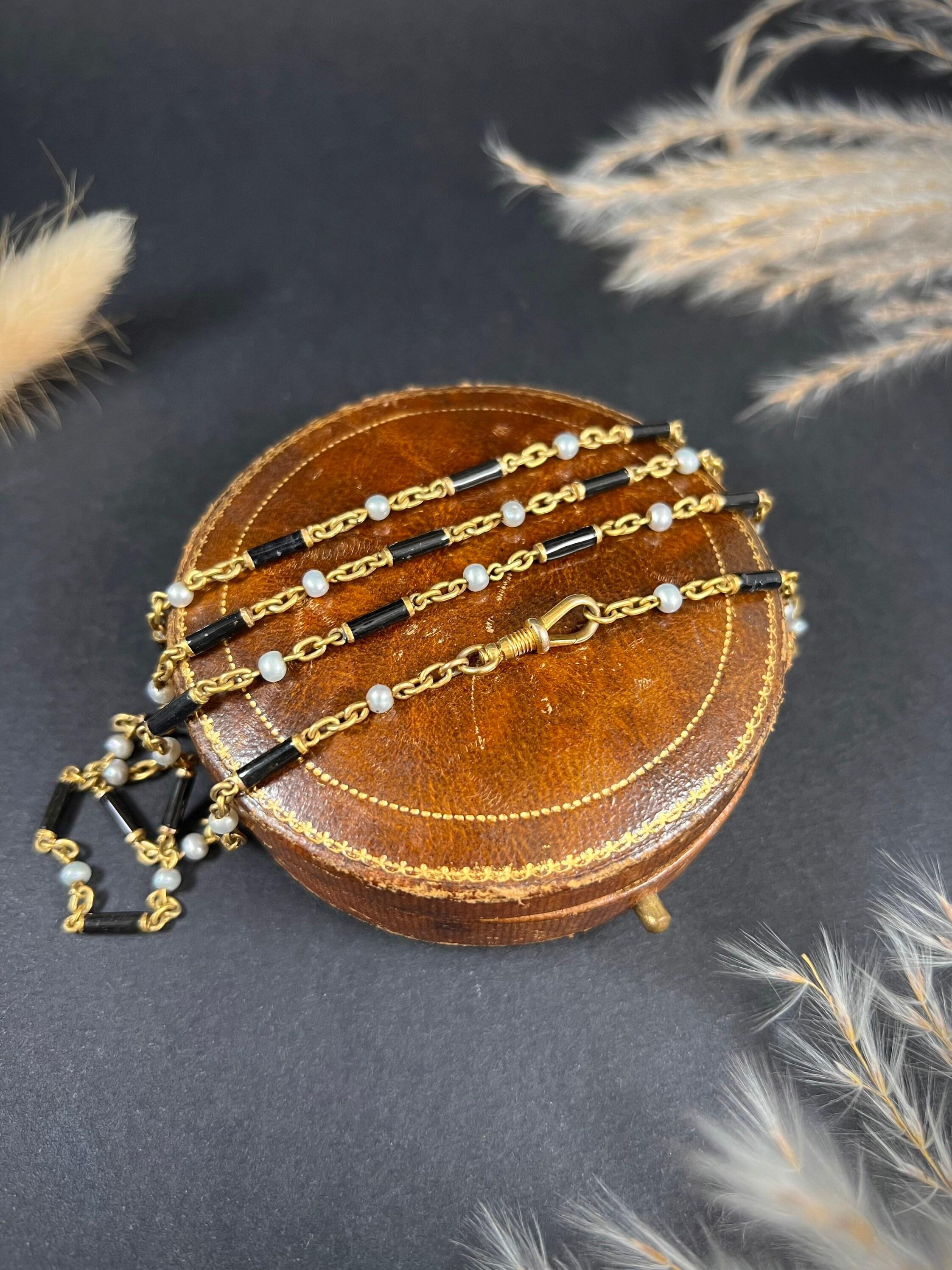 Antique 18ct Gold Victorian Black Enamel & Pearl Long Necklace For Sale 2