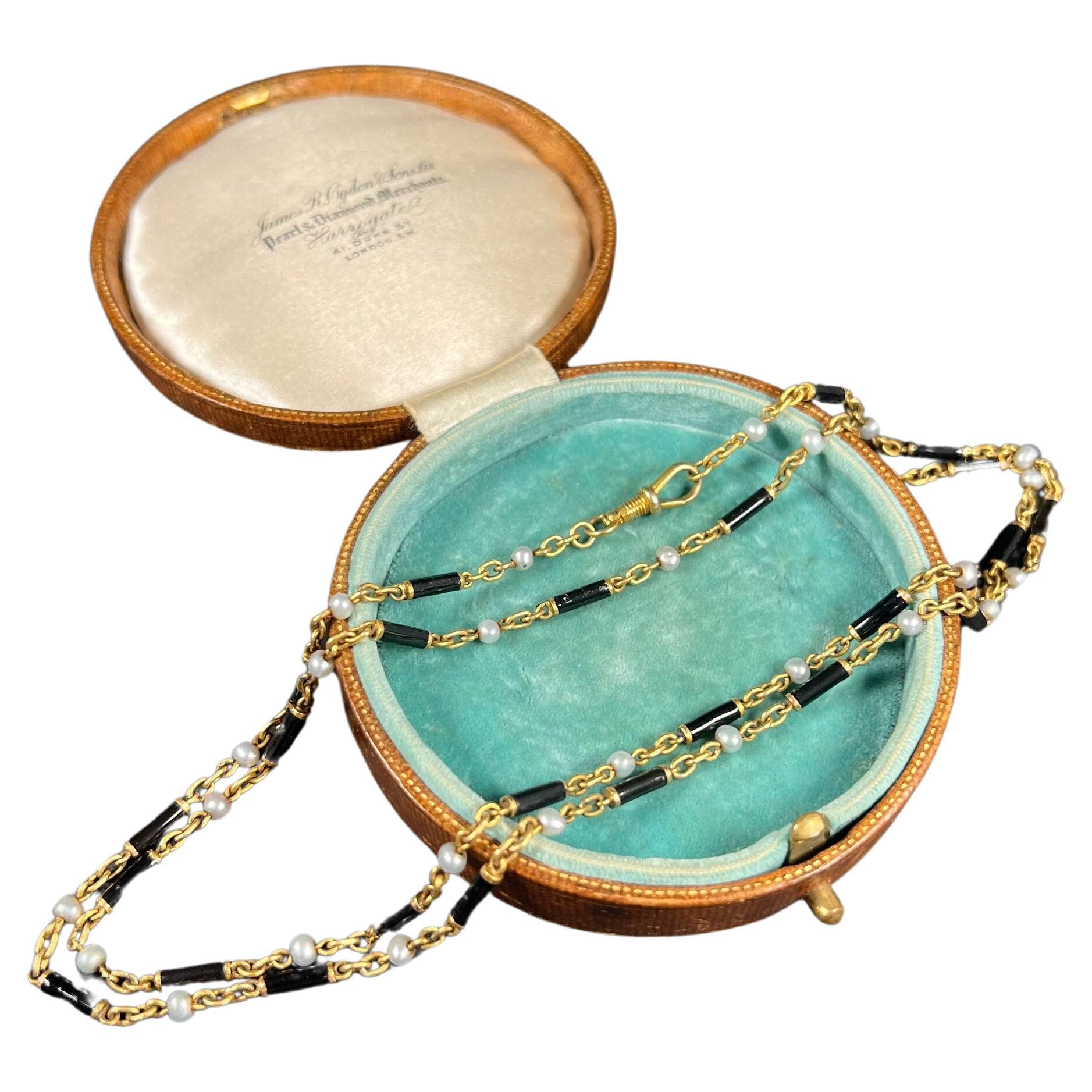 Antique 18ct Gold Victorian Black Enamel & Pearl Long Necklace For Sale