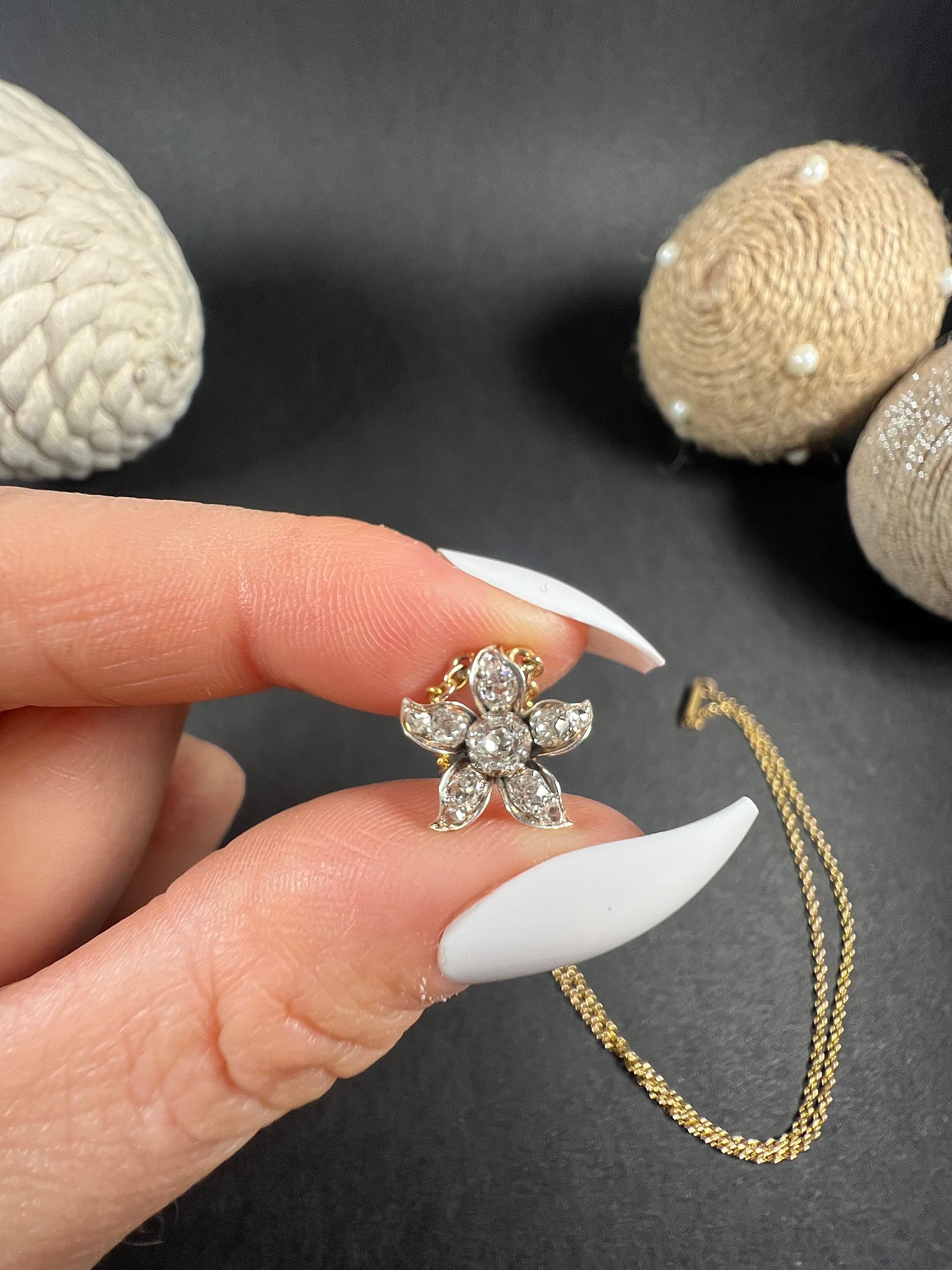 Old European Cut Antique 18ct Gold Victorian Diamond Flower Pendant Necklace For Sale