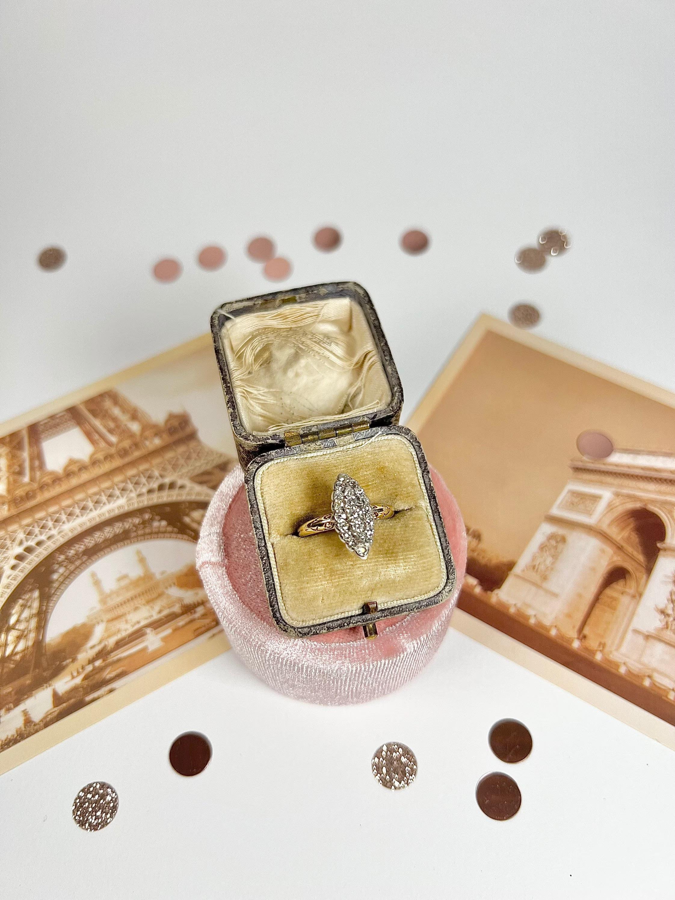Victorien Bague marquise victorienne ancienne en or 18 carats avec diamants en vente