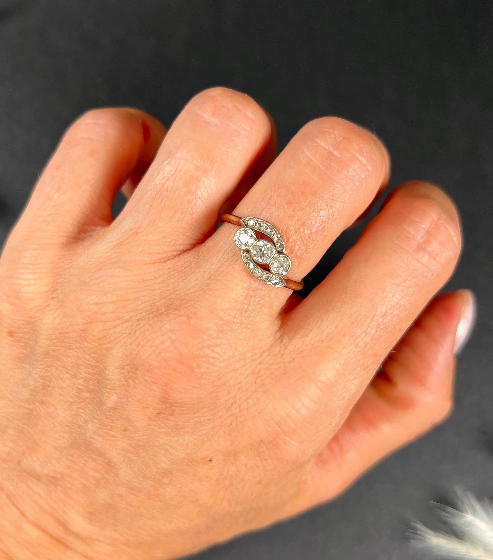 Old European Cut Antique 18ct Gold Edwardian, Diamond Three Stone, Trilogy Crossover Ring For Sale