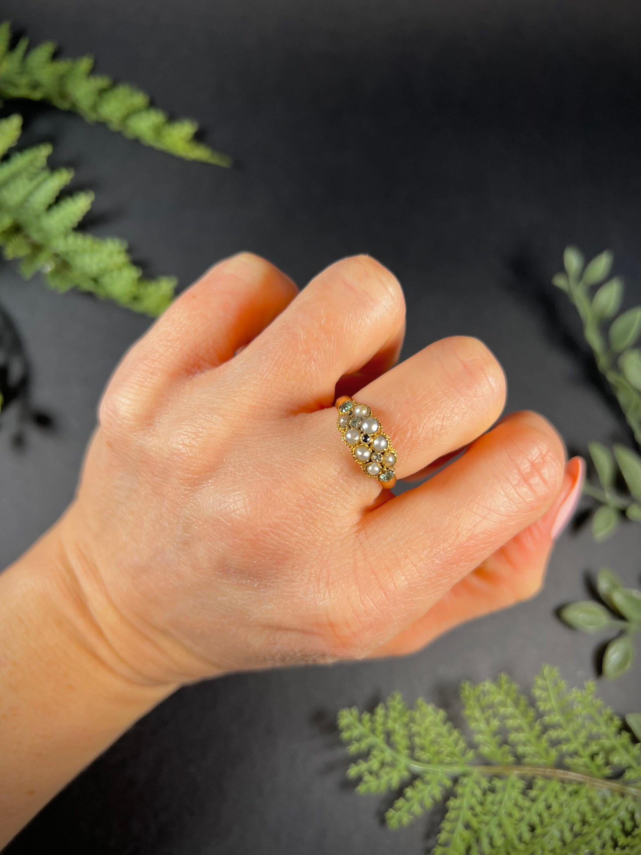 Antique Emerald & Pearl Ring 

18ct Gold 

Hallmarked Birmingham 1880

Pretty, little Victorian ring. Set with a double row of natural seed pearls & beautiful emeralds. 
Features lovely delicate, gold, filigree detailing around the gemstones &