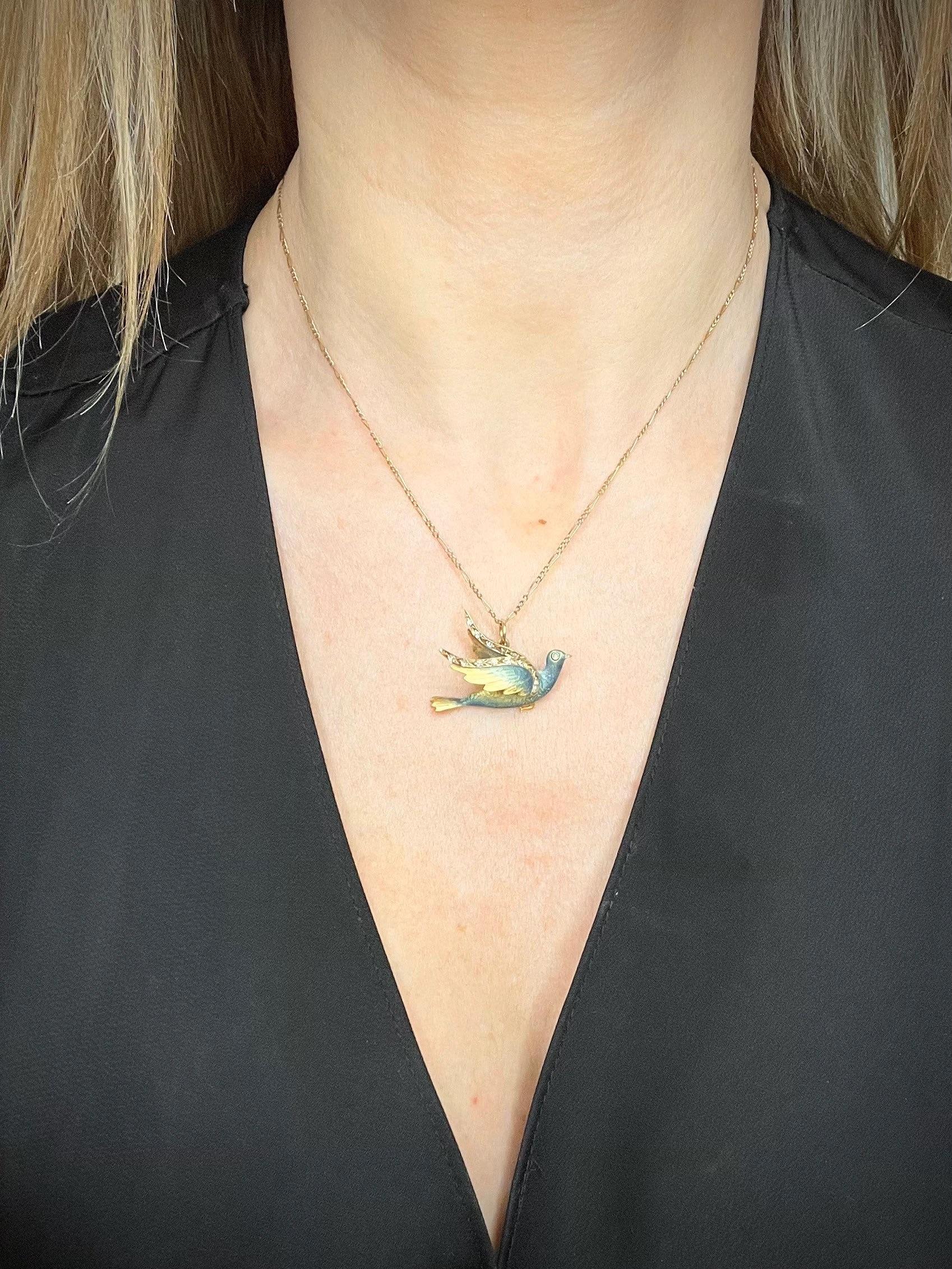 Pendentif ancien en or 18ct, émail victorien et diamant, oiseau colombe en vente 5