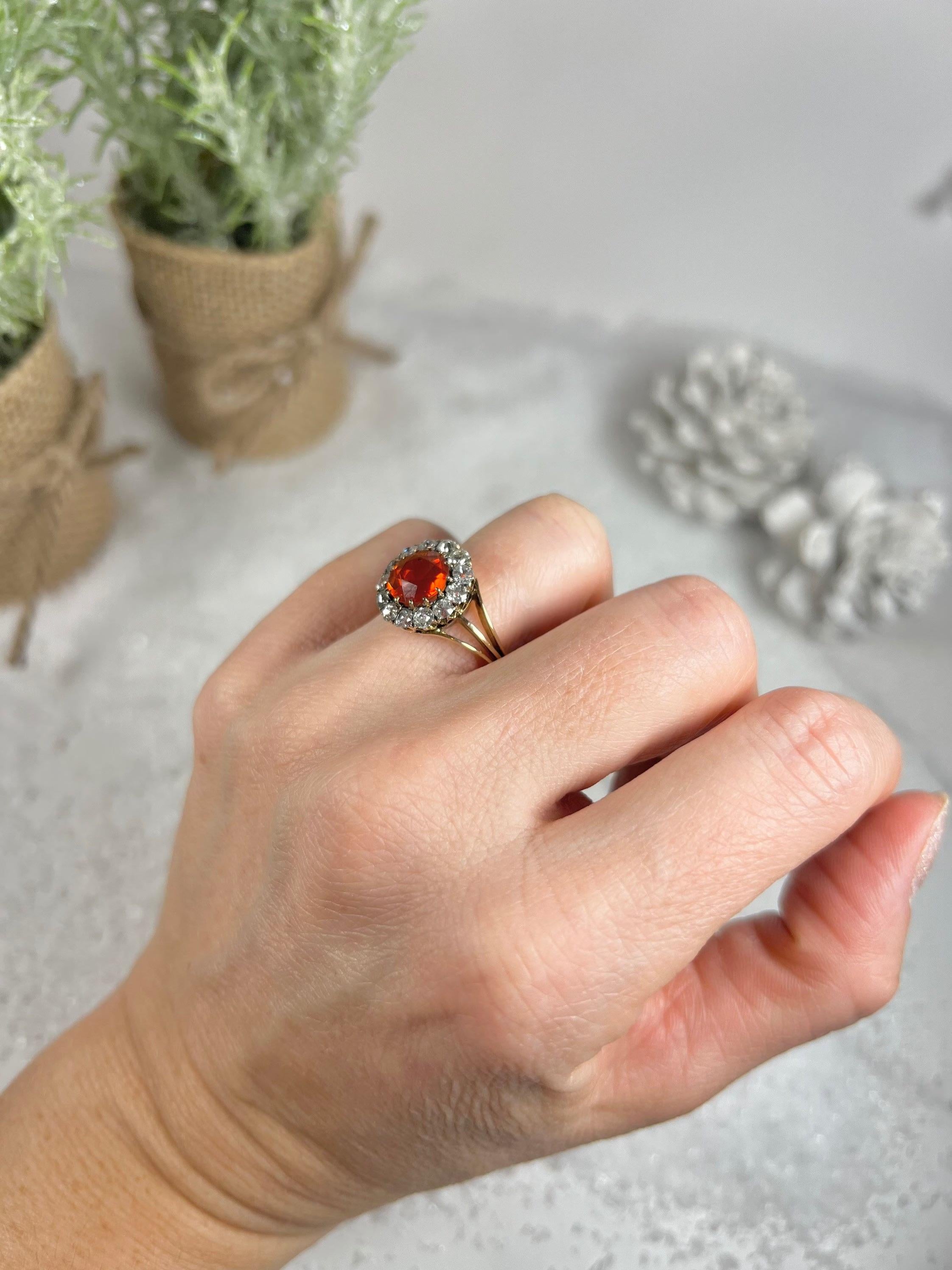 Old European Cut Antique 18ct Gold Victorian Fire Opal & Diamond Cluster Ring For Sale