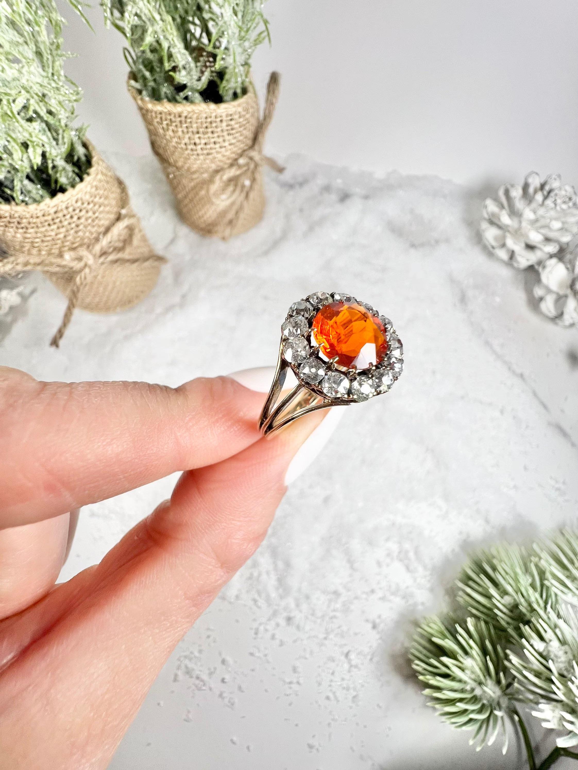Antique 18ct Gold Victorian Fire Opal & Diamond Cluster Ring In Good Condition For Sale In Brighton, GB