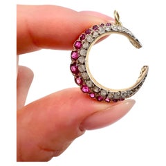 Antique 18ct Gold, Victorian Natural Ruby & Diamond Crescent Moon Pendant