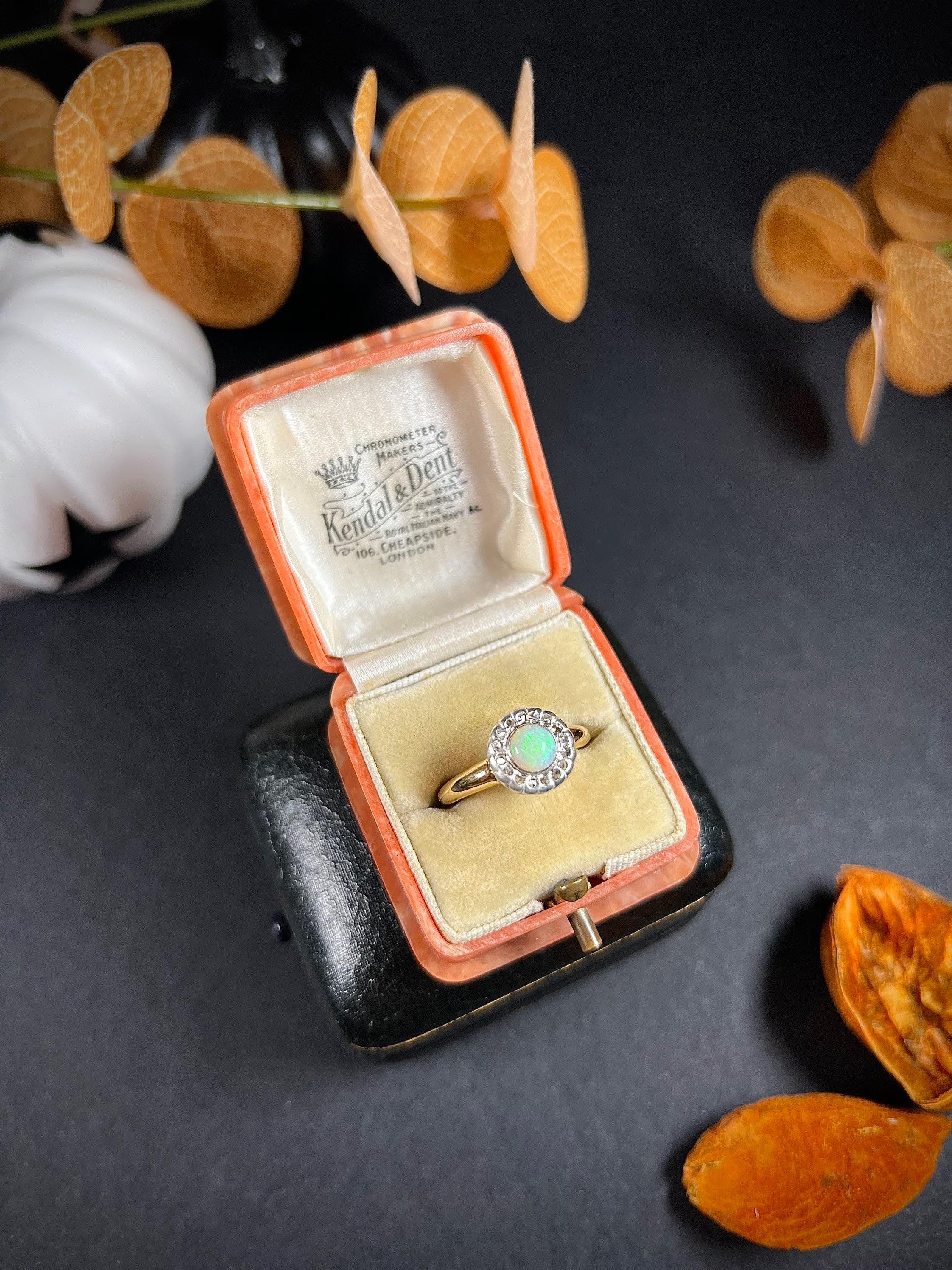 Antique 18ct Gold Victorian Opal & Diamond Halo Ring In Good Condition For Sale In Brighton, GB