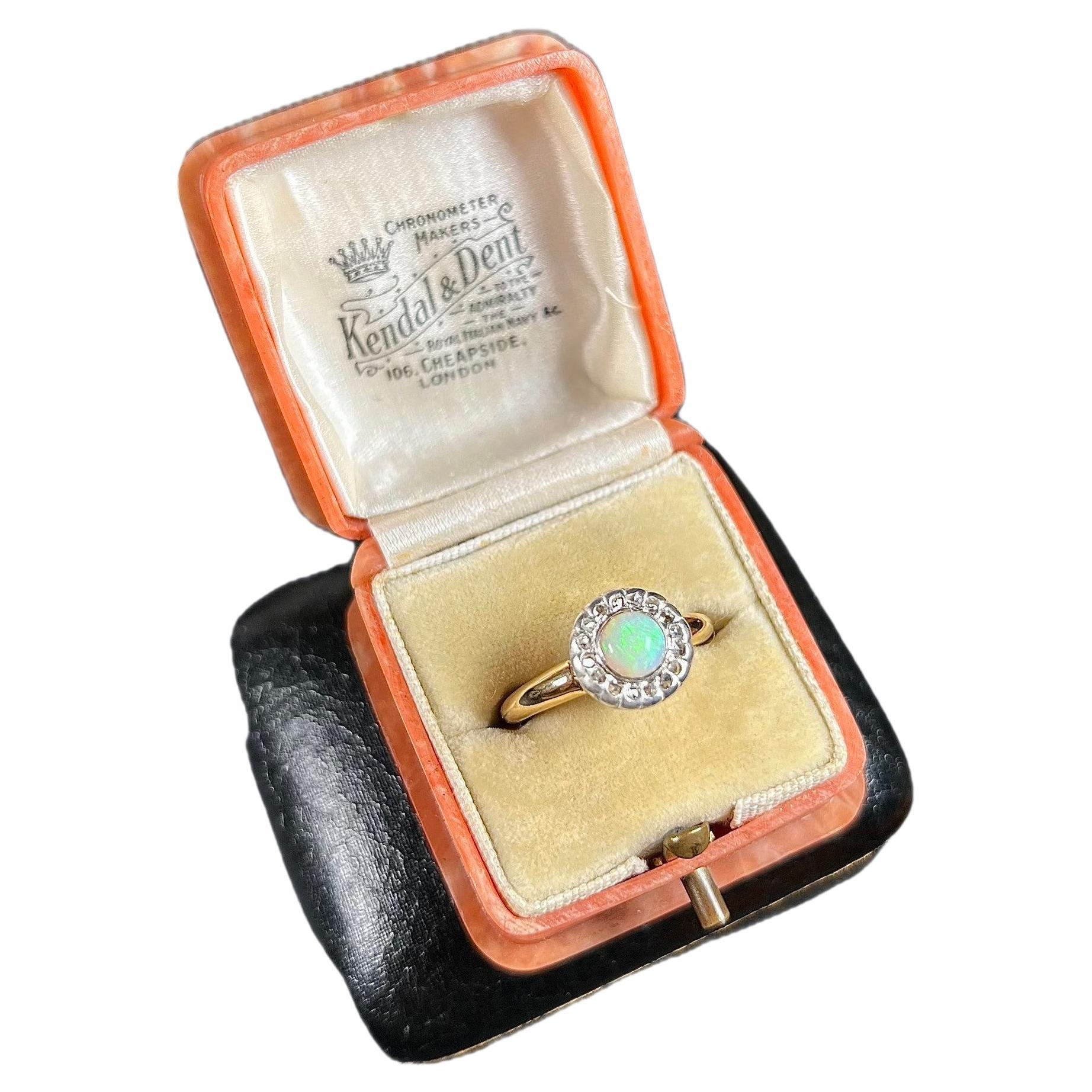 Antique 18ct Gold Victorian Opal & Diamond Halo Ring For Sale