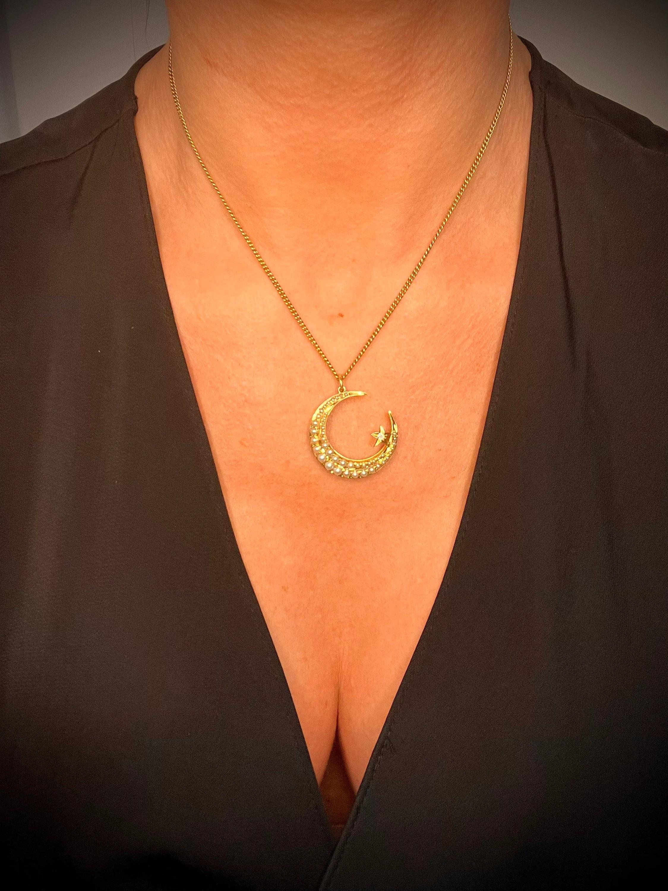 Antique 18ct Gold Victorian Pearl & Diamond Crescent Pendant 6