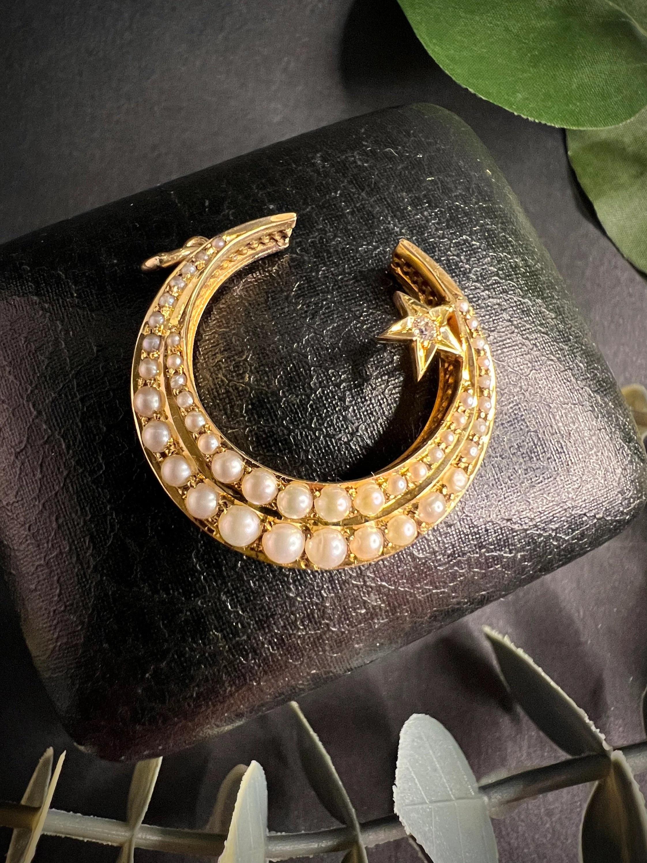 Antique 18ct Gold Victorian Pearl & Diamond Crescent Pendant 2