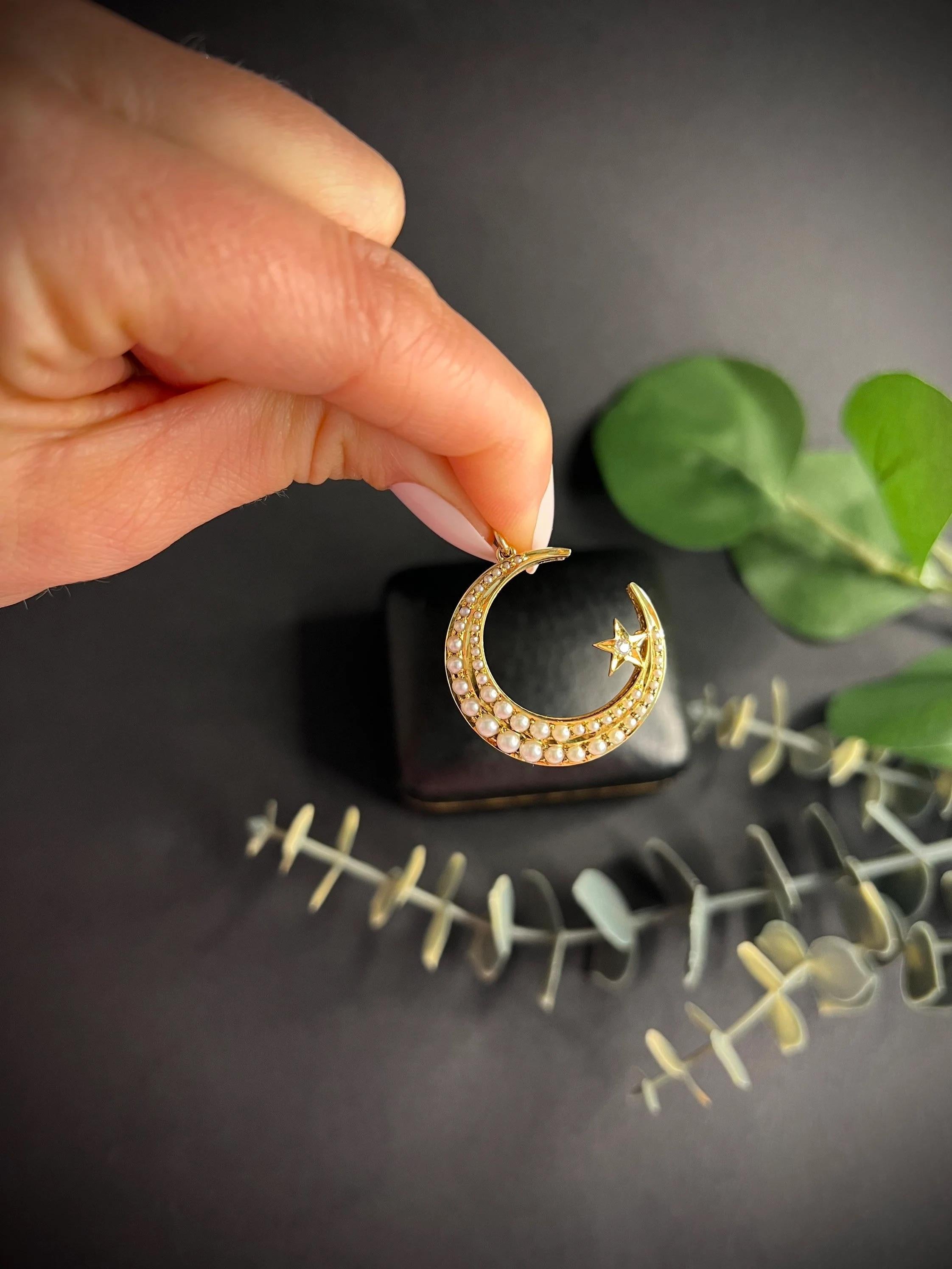 Antique 18ct Gold Victorian Pearl & Diamond Crescent Pendant 3