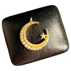 Antique 18ct Gold Victorian Pearl & Diamond Crescent Pendant