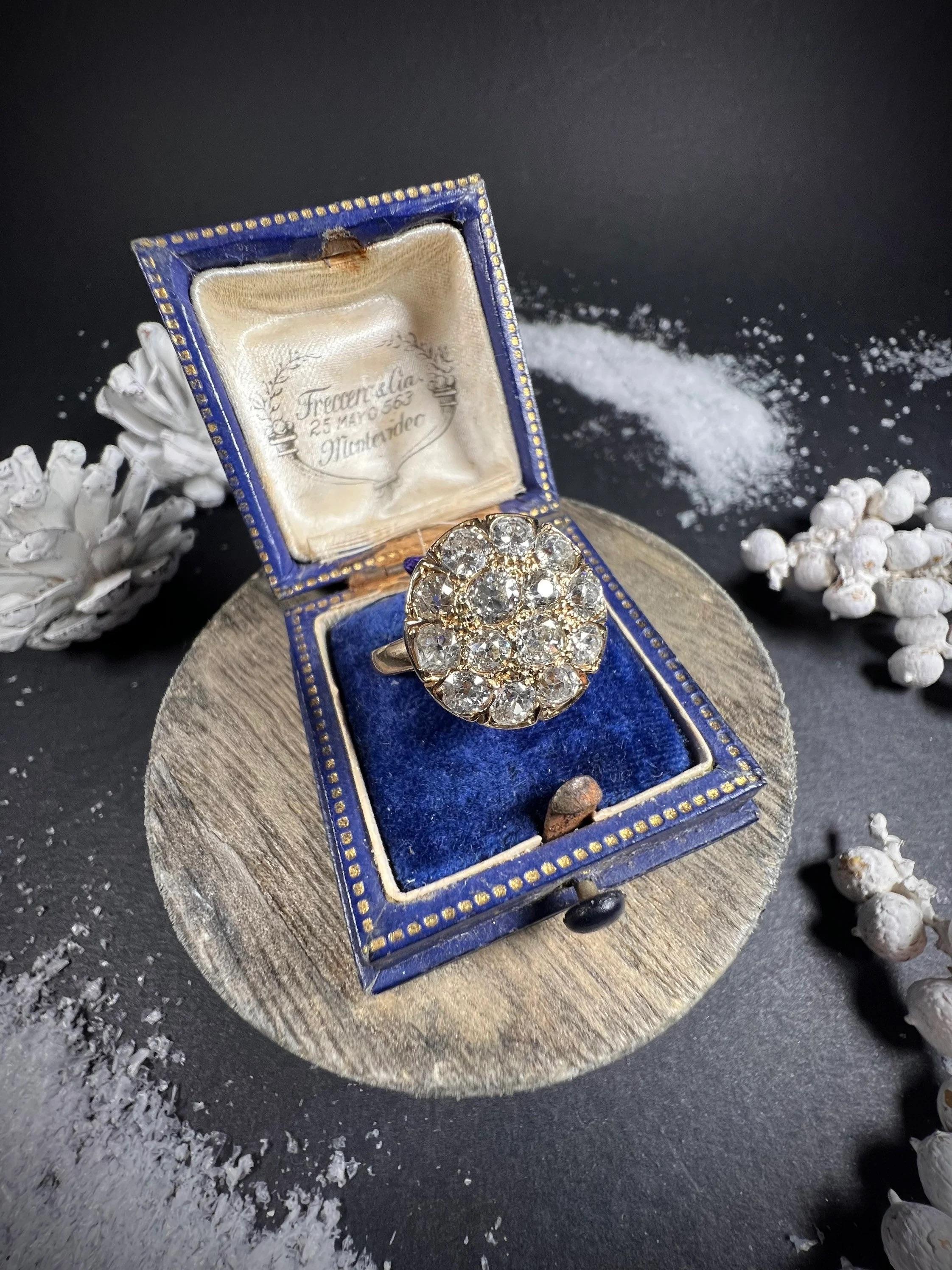 Bague victorienne ancienne en or 18 carats avec grappe de diamants ronds en vente 4