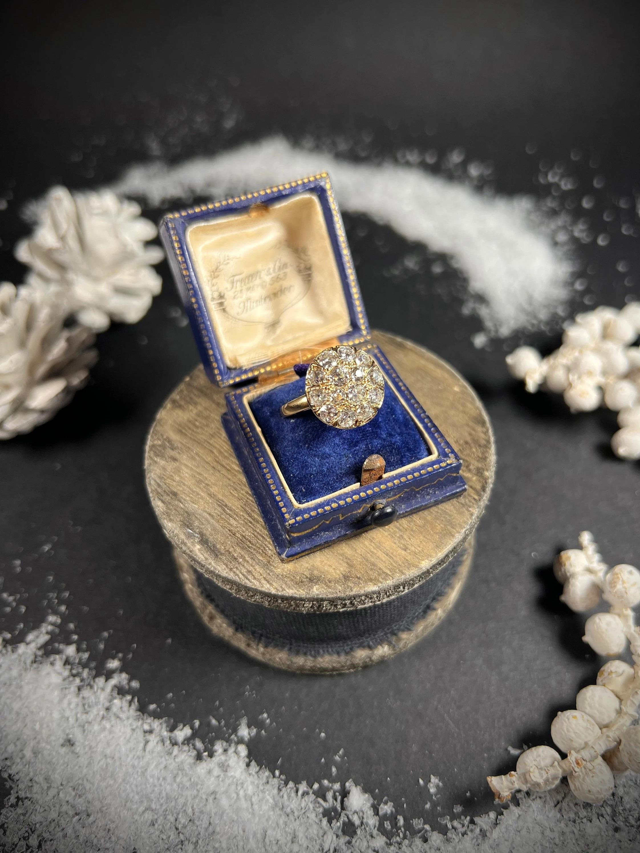 Bague en forme de grappe à l'ancienne 

Or 18 carats

Circa 1870

Fabuleuse bague victorienne en forme de grappe. Environ 1,60cts de magnifiques diamants naturels sertis dans de l'or jaune 18ct. 

La face de l'anneau mesure environ 14 mm de