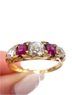 Antique 18ct Gold, Victorian Ruby & Diamond Carved Ring, Hallmarked London 1887