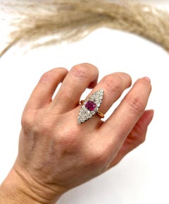 Antique 18ct Gold, Victorian Ruby & Diamond Marquise/Navette Shaped Ring