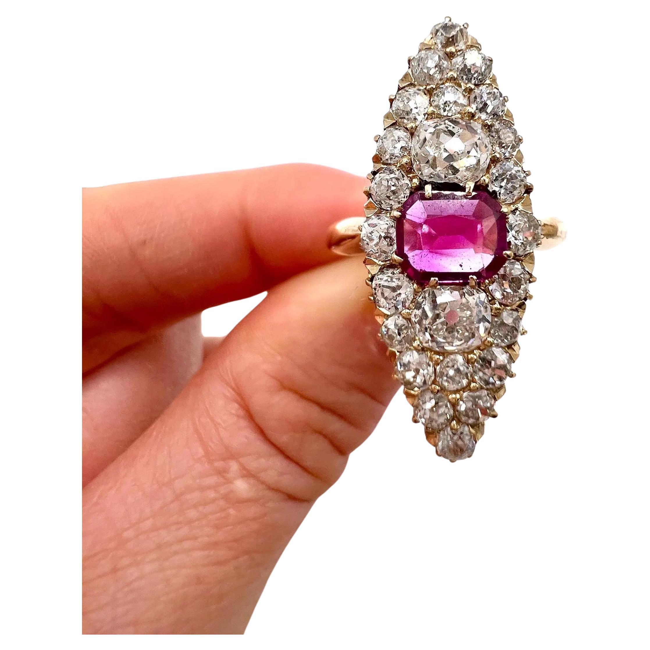 Antique 18ct Gold, Victorian Ruby & Diamond Marquise/Navette Shaped Ring
