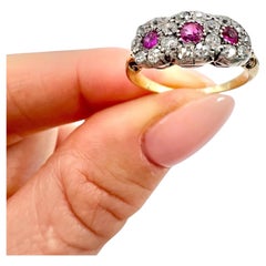 Antique 18ct Gold, Victorian Ruby & Diamond Trilogy Daisy Cluster Ring